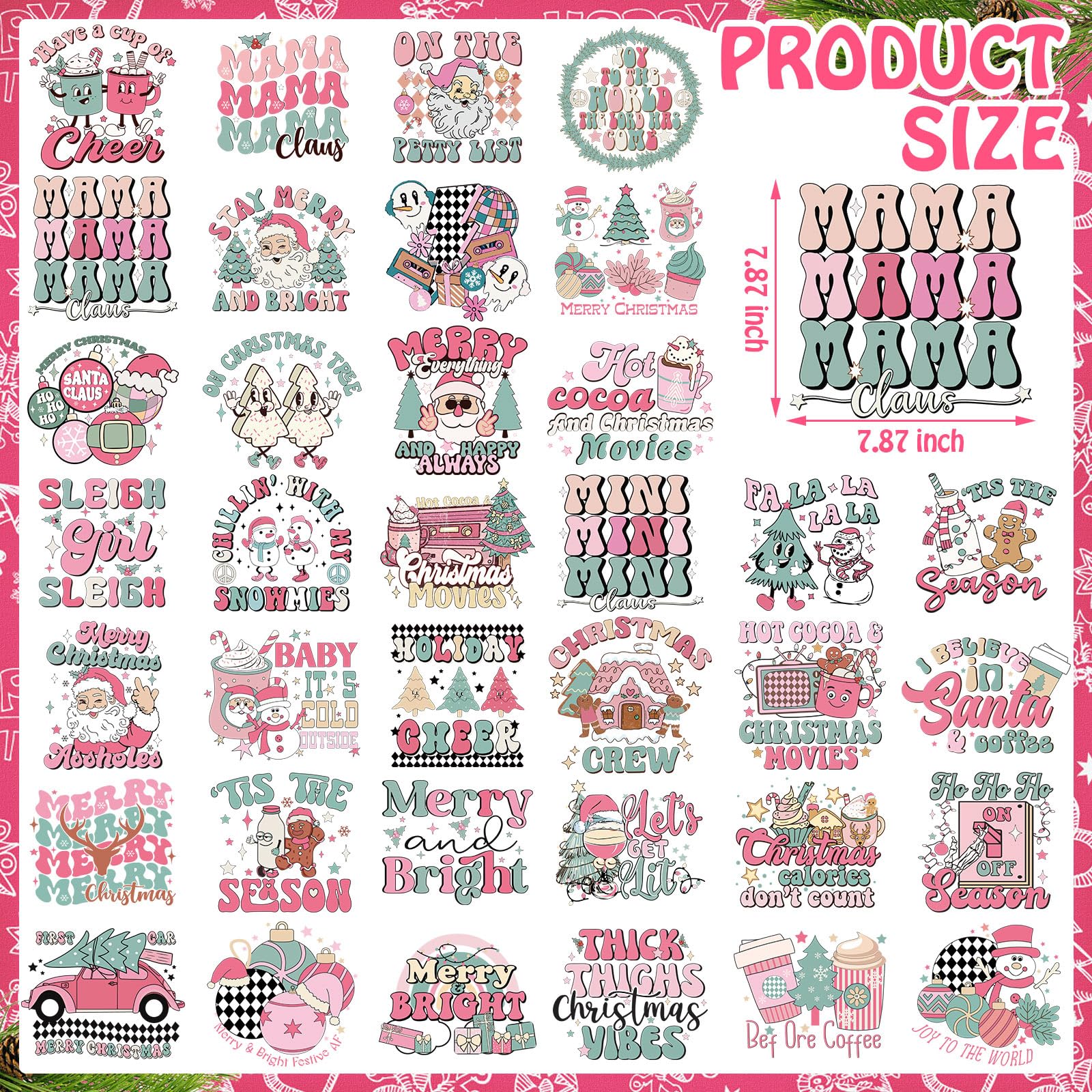 TecUnite 30 Stück rosa Weihnachts-Bügelbilder, Retro-Weihnachten, zum Aufbügeln auf Weihnachten, Vinyl-Aufkleber, DIY, Bügelapplikationen, HTV für T-Shirts, Kleidung, Hüte, Kissen, Dekoration