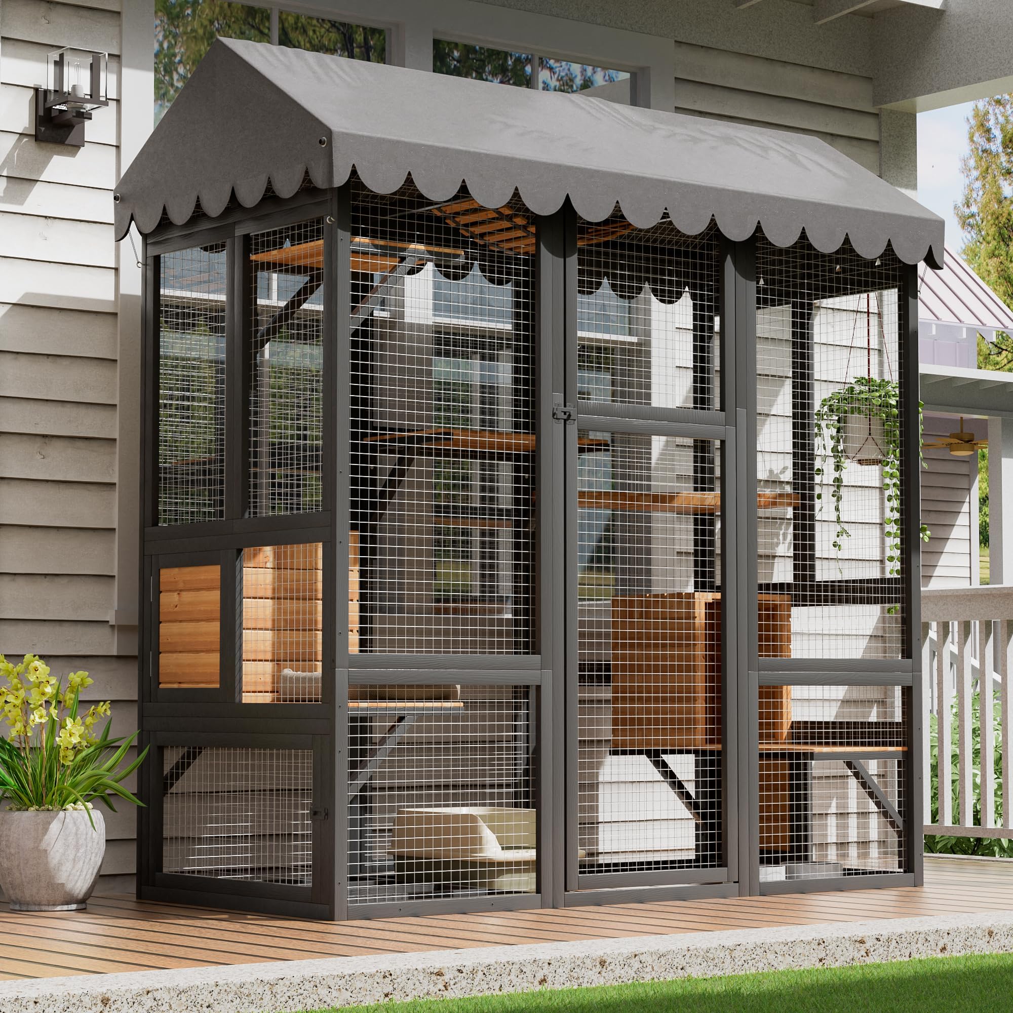 Catio Outdoor Cat Enclosure, Large Walk in Cat House for Outdoor Cats Kitten Enclosure with Sisal Platform and Storage Cubby, 71inch Cat Cages with Waterproof Cover,