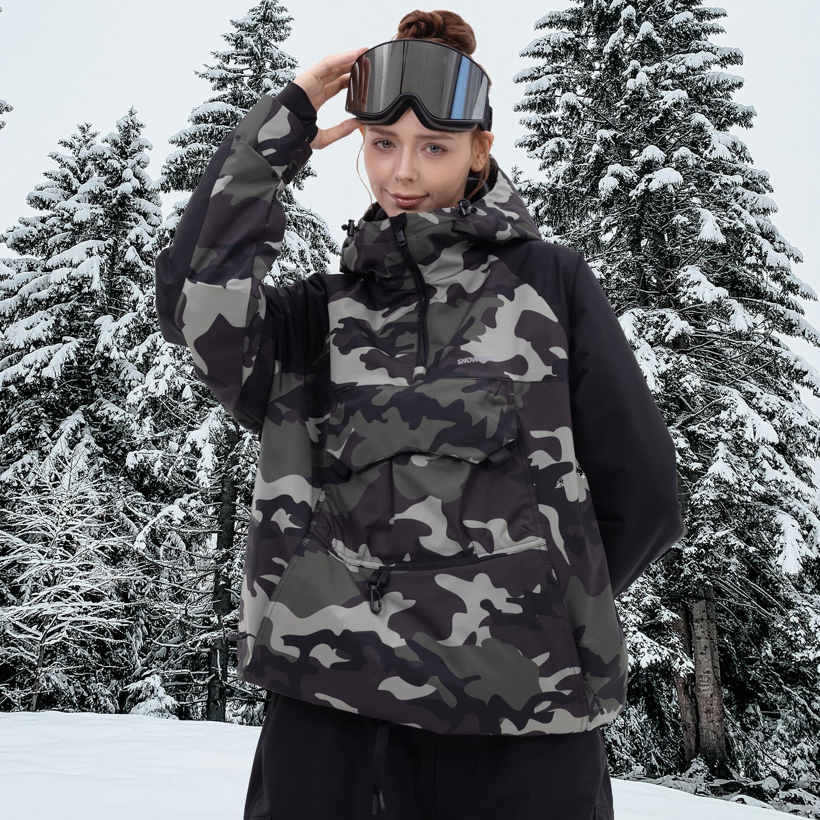 SNOWVERB Damen Snowboard Baggy Anorak halber Reißverschluss Schneejacke Camo Leopard Wasserdicht Mountain Ski Mantel mit Kapuze