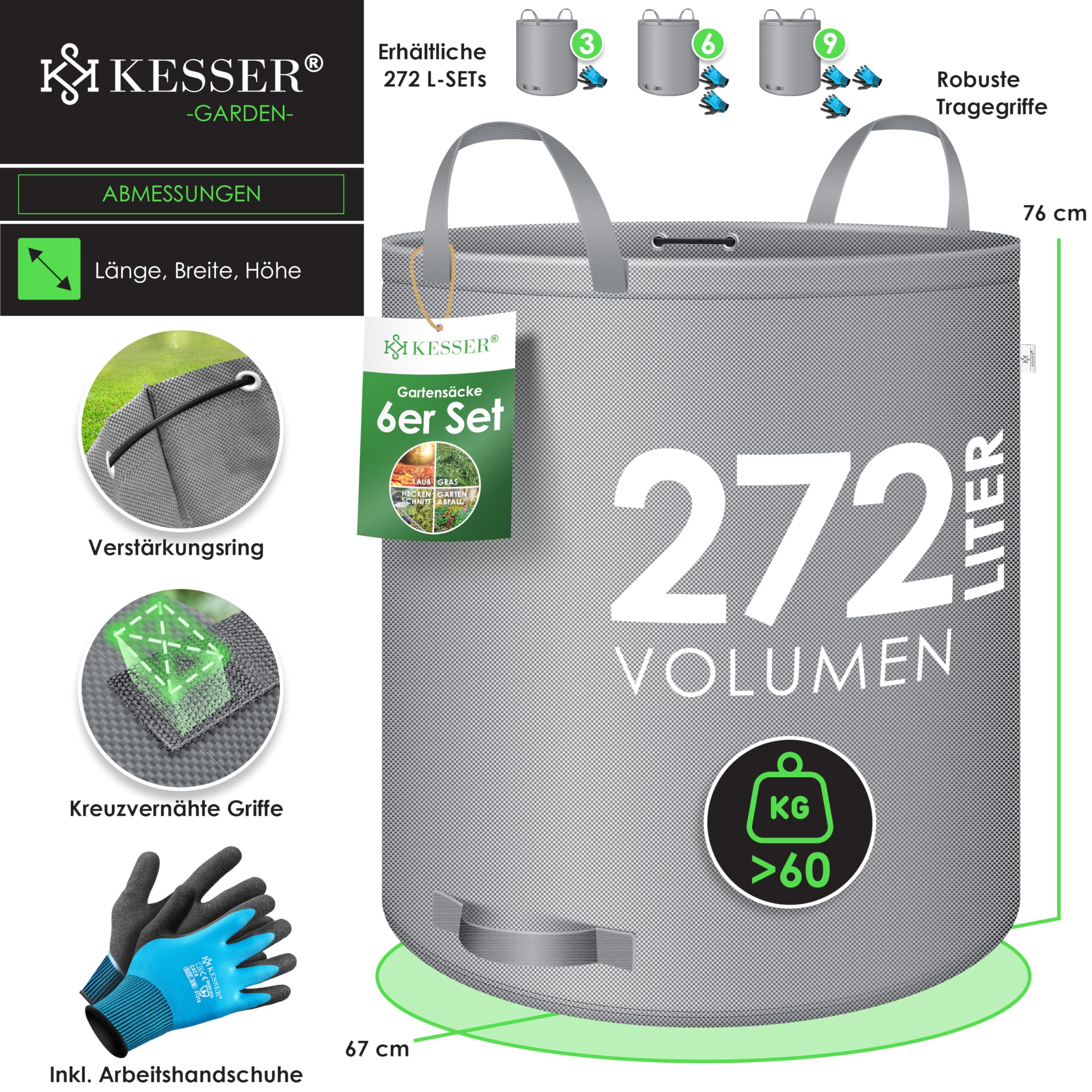 KESSER® Sacs de jardin 6x272L Set sac à feuilles Sac à déchets de jardin +gants Autonome 4 poignées Stable Robuste Pliable Sacs à feuilles Tontes de gazon Sacs jardin pour déchets jardin Déchets Gris