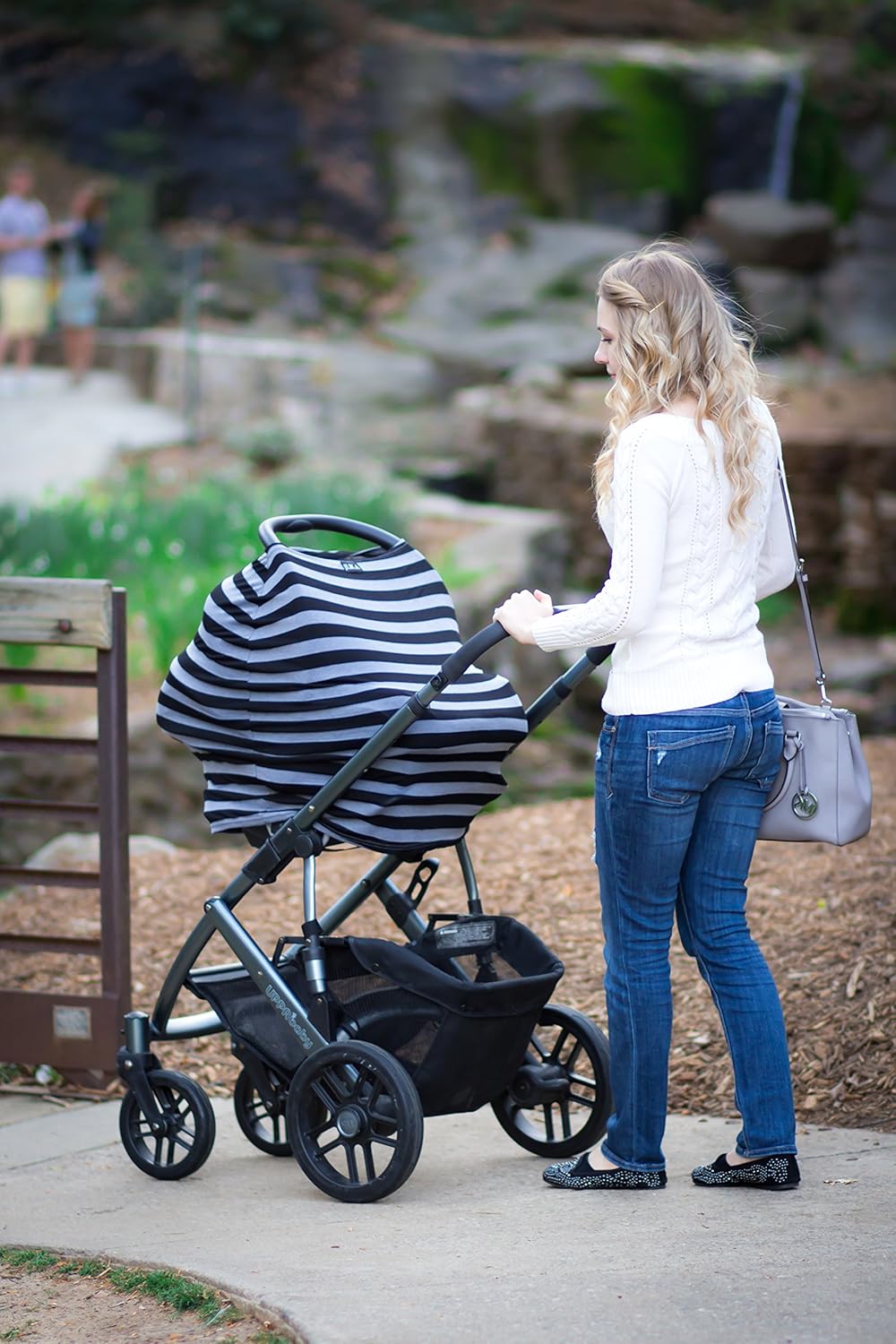 JLIKA Baby Car Seat Covers - Stretchy Infant Canopy and Nursing Cover for Breastfeeding Newborns Infants Babies Girls Boys Best Shower Gift Maternity Apron Infinity Scarf carseats (Black/Gray Stripe)