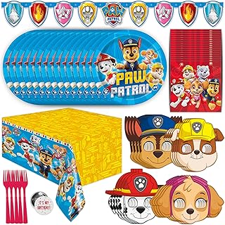 Unique Paw Patrol Birthday Decorations | Paw Patrol Party Supplies | With Paw Patrol Tablecloth, Paw Patrol Plates, Napkins, Character Masks, Forks, Button | Serves 16 Guests