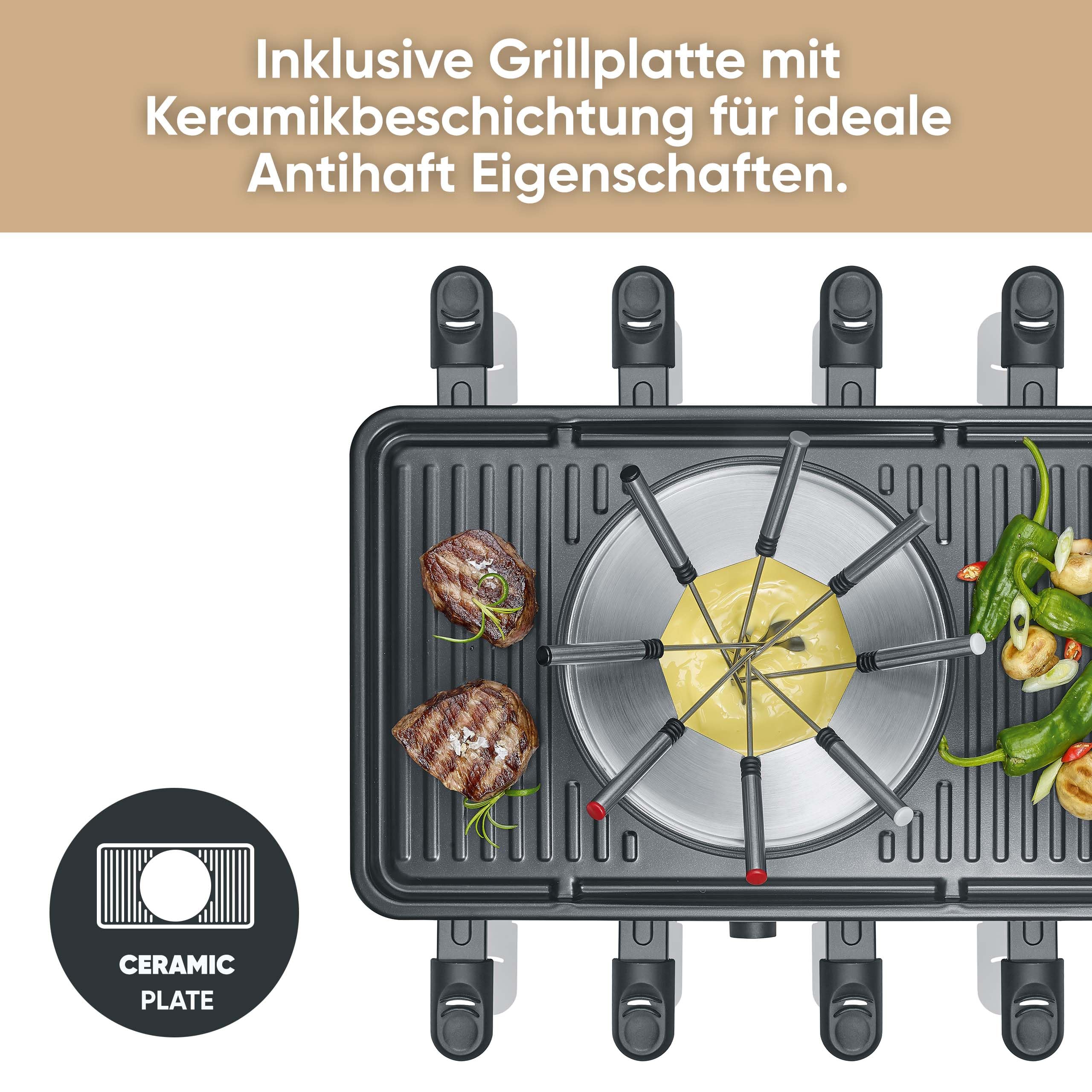SEVERIN Raclette-Fondue-Kombination für 8 Personen, 2-in-1 Raclette Grill mit Grillplatte & Fondue-Set, Antihaftbeschichtung, inkl. 8 Pfännchen, Schabern & Fondue-Gabeln, spülmaschinengeeignet, RG2347