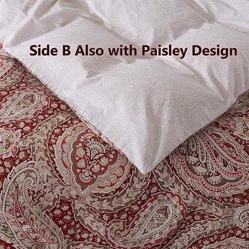 Miniatura 7 de FADFAY Juego de funda de edredón reversible con estampado de cachemira, mezcla de rojo y beige, 100% algodón, con cremallera, agradable a la piel,