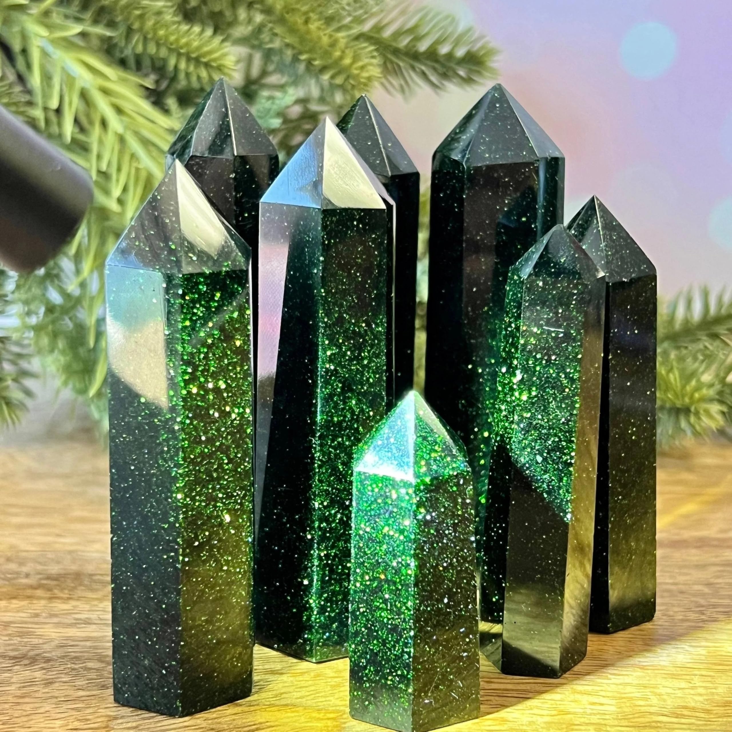 AARTERZZA 1pc 80-90mm Green Goldstone Crystal Tower, Stone Pillar, Home & Office Decoration