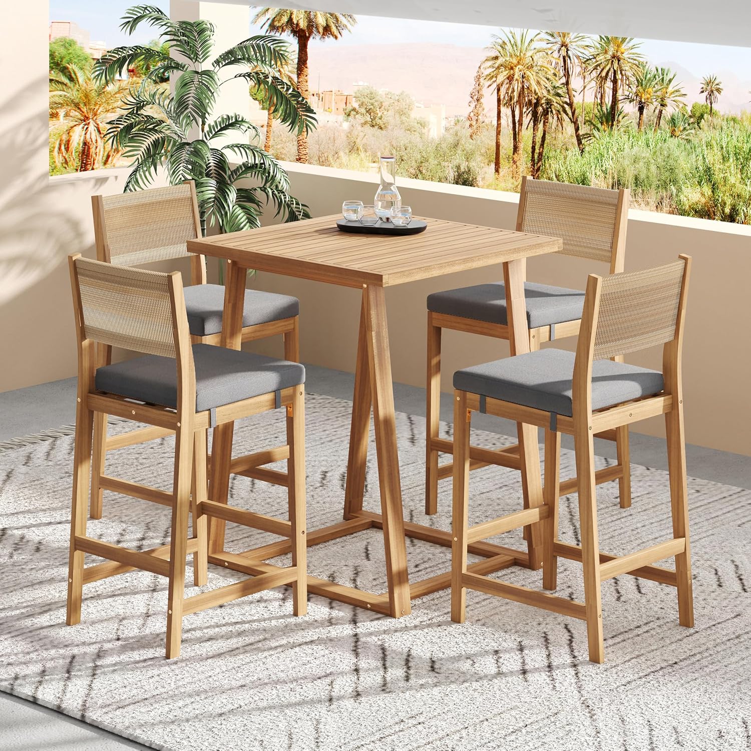 Barron 5-Piece Acacia Wood Patio Bar Set, Patio Bar Table and Stools Set, Soft Seat Cushions, Rattan/Wicker Dining Set for Garden, Backyard, Poolside, Balcony,Teak + Dark Gray