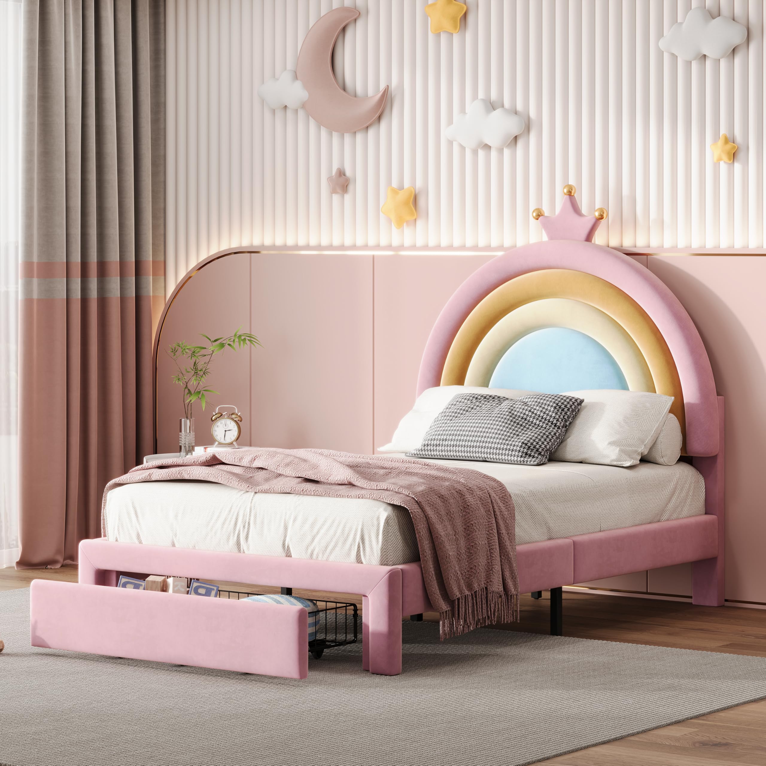 LUMISOL Princess Bed Frames for Kids,Twin Rainbow Bed Frame with Drawers, Upholstered Platform Bed, Velvet Bed for Girls, Fits Standard Twin Mattress,