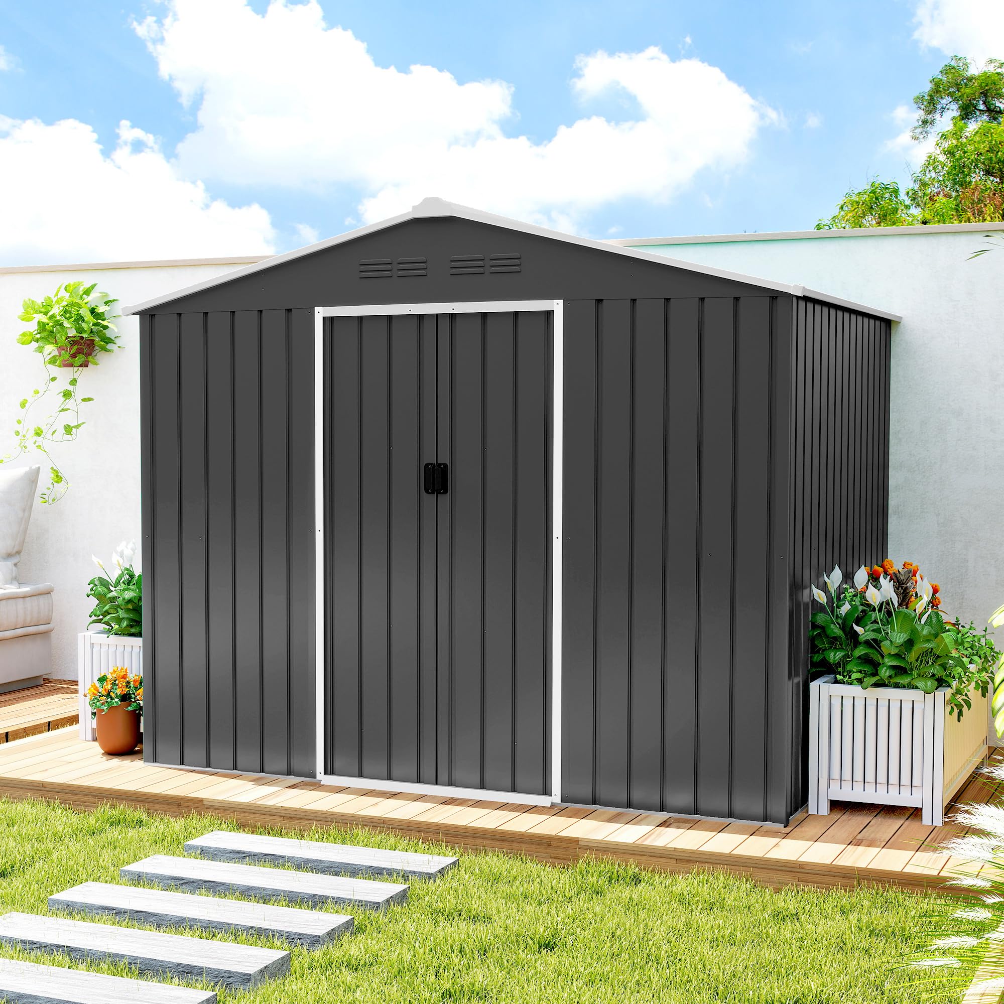 Outsunny Casetta da Giardino 3.6m² in Acciaio Zincato con Prese d'Aria, Capanno da Giardino con Doppia Porta Scorrevole Bloccabile e Tetto Inclinato, Capanno Porta Attrezzi da Esterno, Grigio Scuro