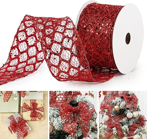 Cinta roja de Navidad con alambre de 2.5 pulgadas x 10 yardas, cinta roja con alambre para decoración de Navidad, cinta roja para árbol de Navidad,