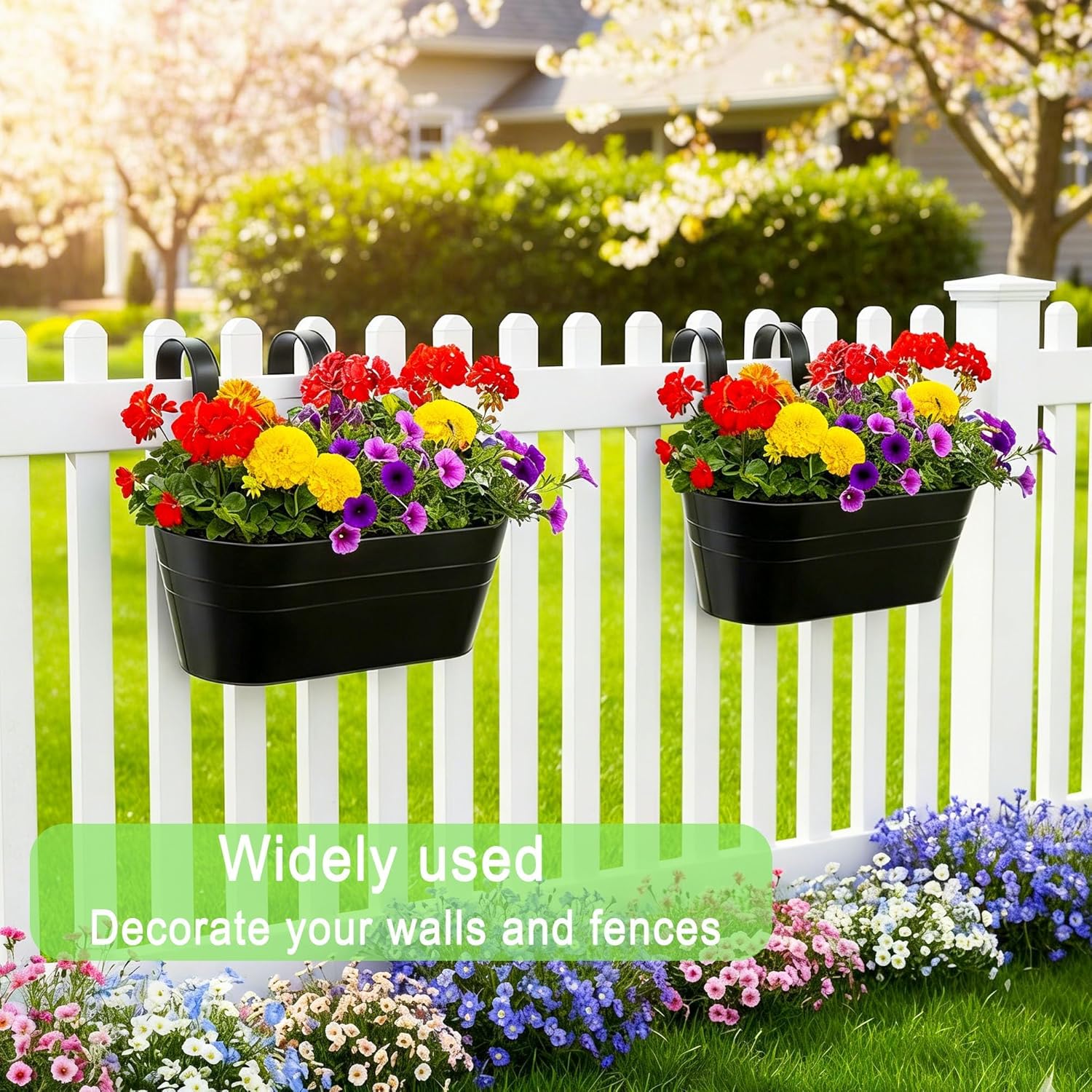10.6 Inch 5 Pack Long Slot Wrought Iron Hanging Flower Pots Small Metal Hanging Flower Basket with Removable Hooks and Drainage Holes Suitable for Porch Railing Balcony Fence Garden (HS)