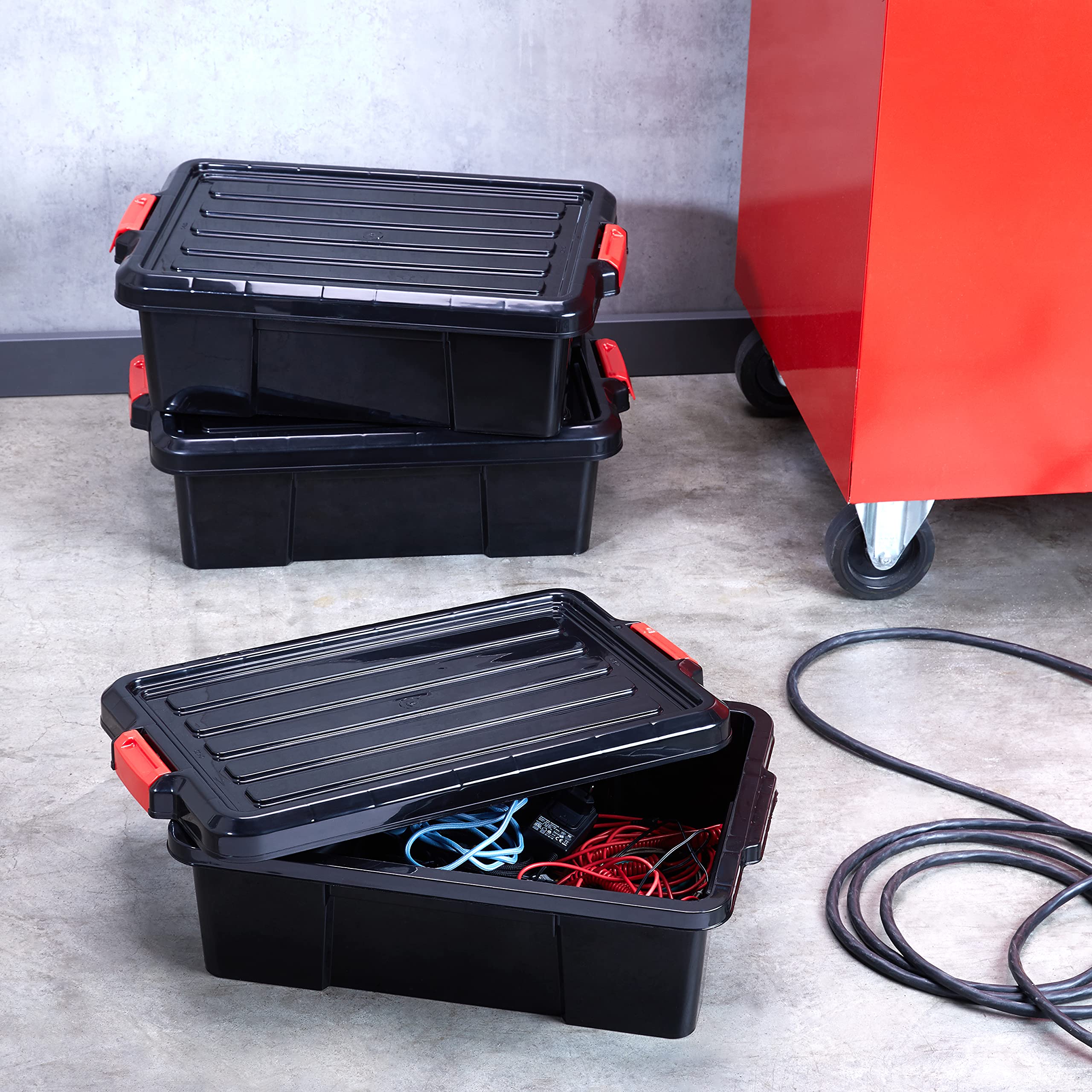 Iris Ohyama, Boîtes de rangement plastique avec couvercle et fermeture à Clips, 25L, Lot de 3, Empilables, Emboîtable, Sans BPA, Grenier, Cabanon, Garage, Garage, SK-230, Noir