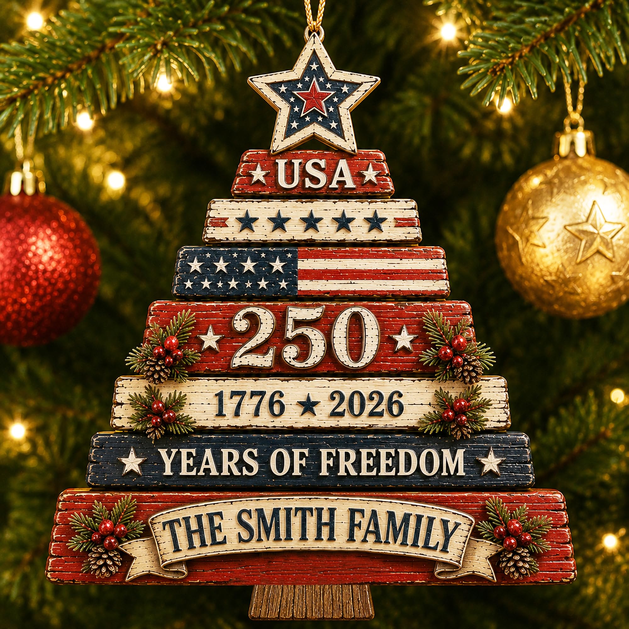 [Made in USA] Personalized 250th Anniversary USA Wooden Christmas Ornament, Custom Family Name Patriotic Wood Tree Ornament, 1776-2026 250 Years of Freedom Holiday Keepsake Gift
