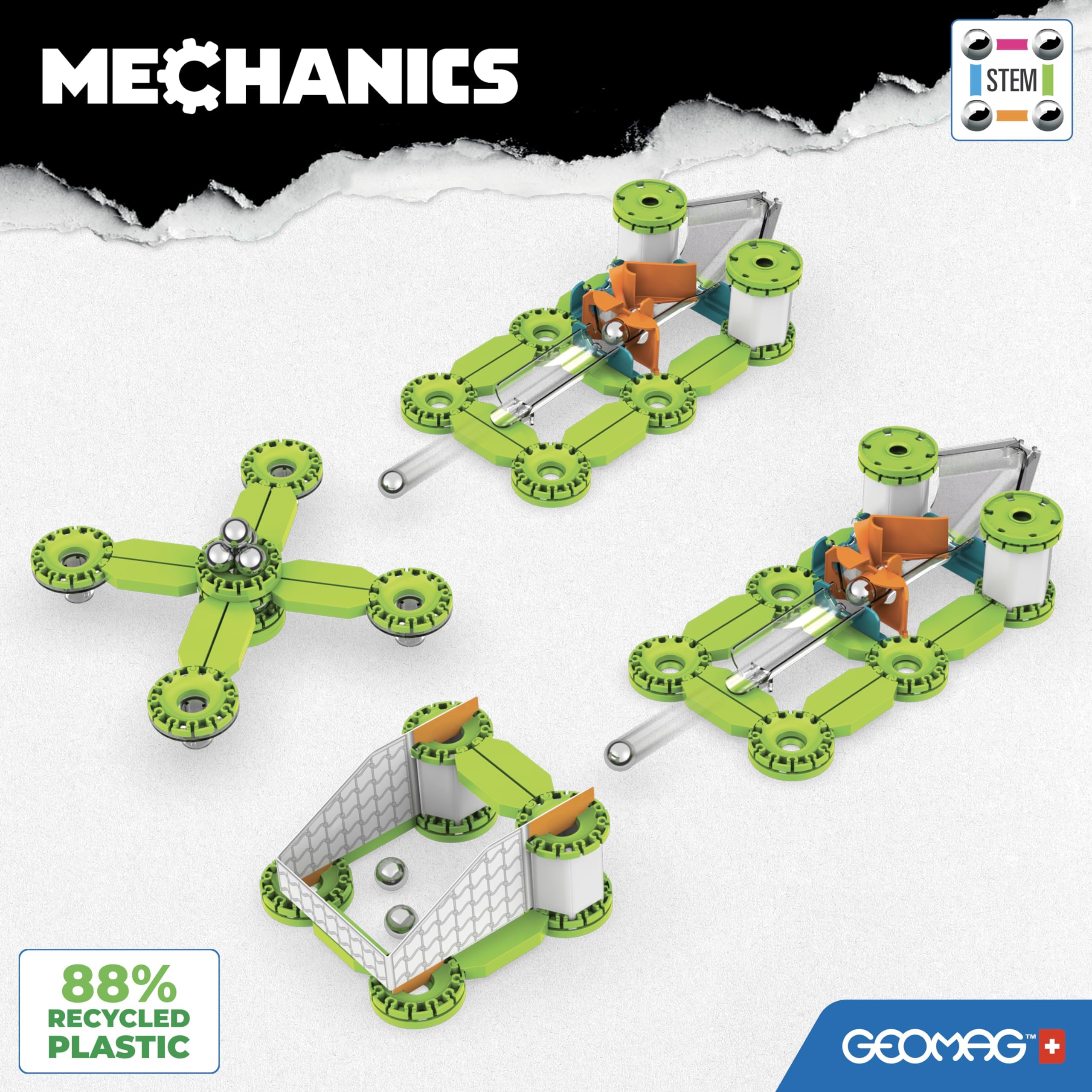 Geomag - Mechanics Challenge Goal - Educational and Creative Game for Children - Magnetic Building Blocks with Metal Spheres, Recycled Plastic - Set of 96 Pieces