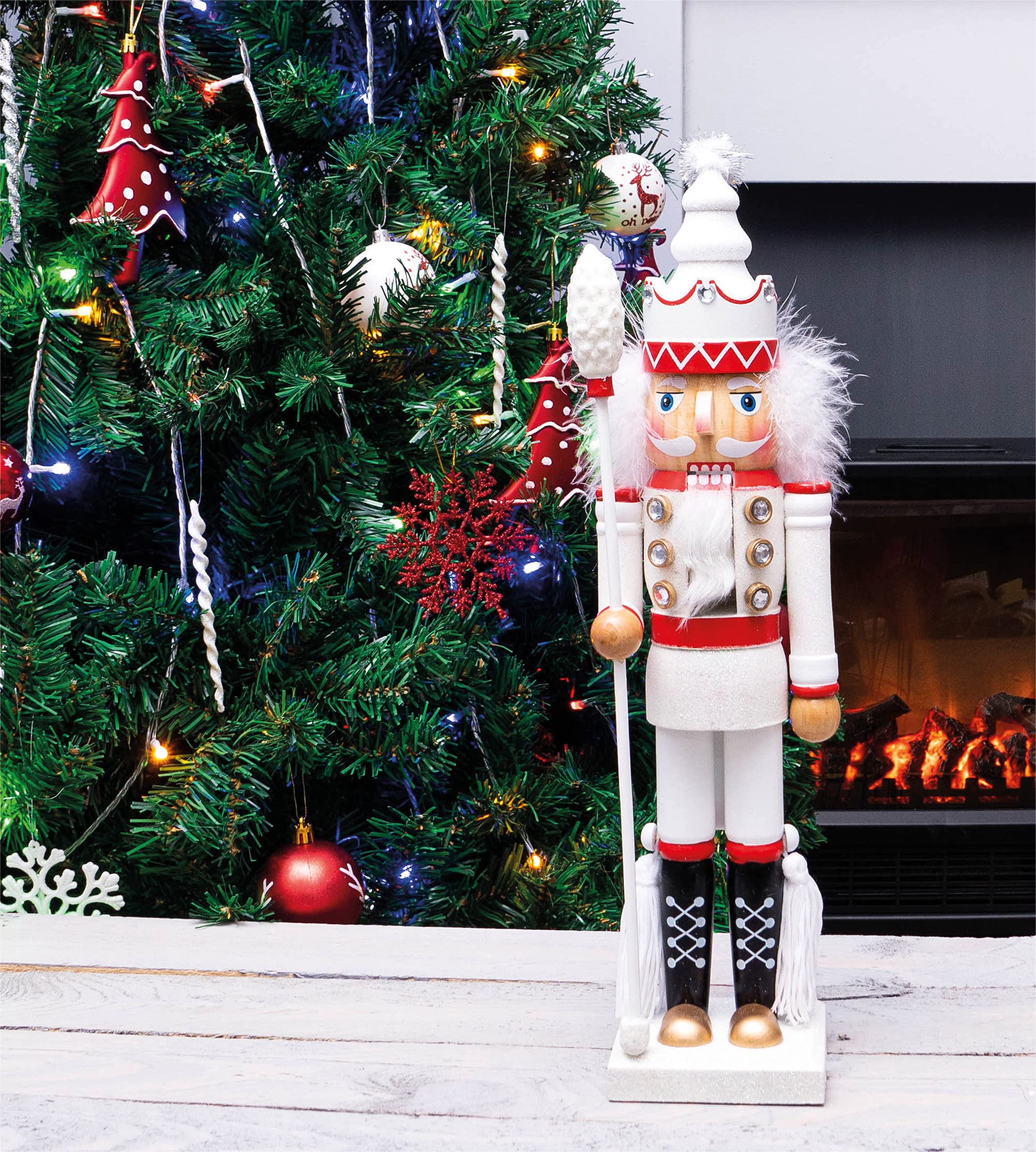 St Helens Home & Garden Red,White Nutcracker With Staff Christmas Decoration 40Cm Height - Wonderfully Festive With Vibrant Colour Detail