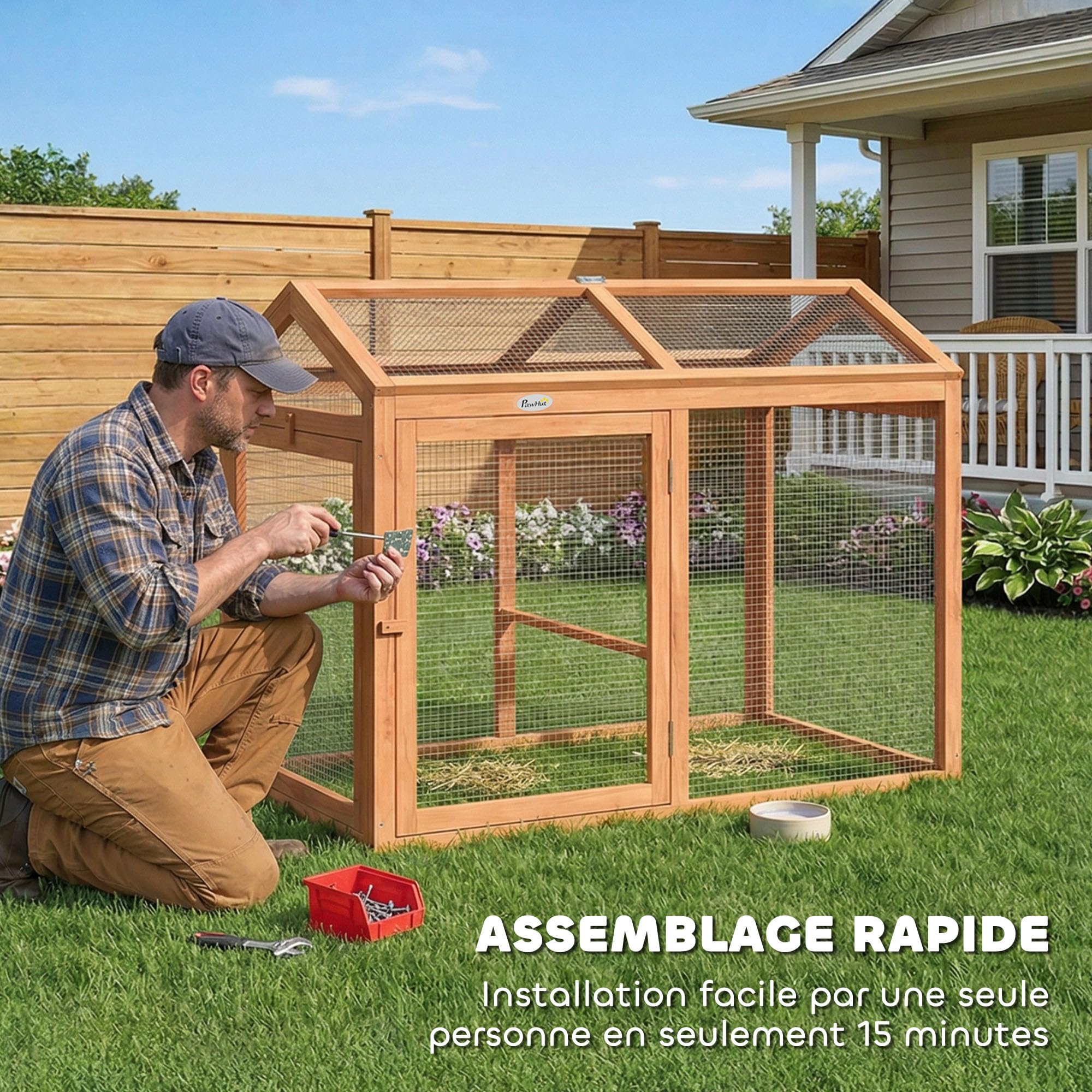 PawHut Recinto - Gallinero combinable, 2 gallinas, 104 x 70,5 x 84 cm, color naranja | Madera Natural, Parque De Malla Modular Y Extensible, Gallinero De Protección, Malla Densa, Ampliación Recinto De Gallina