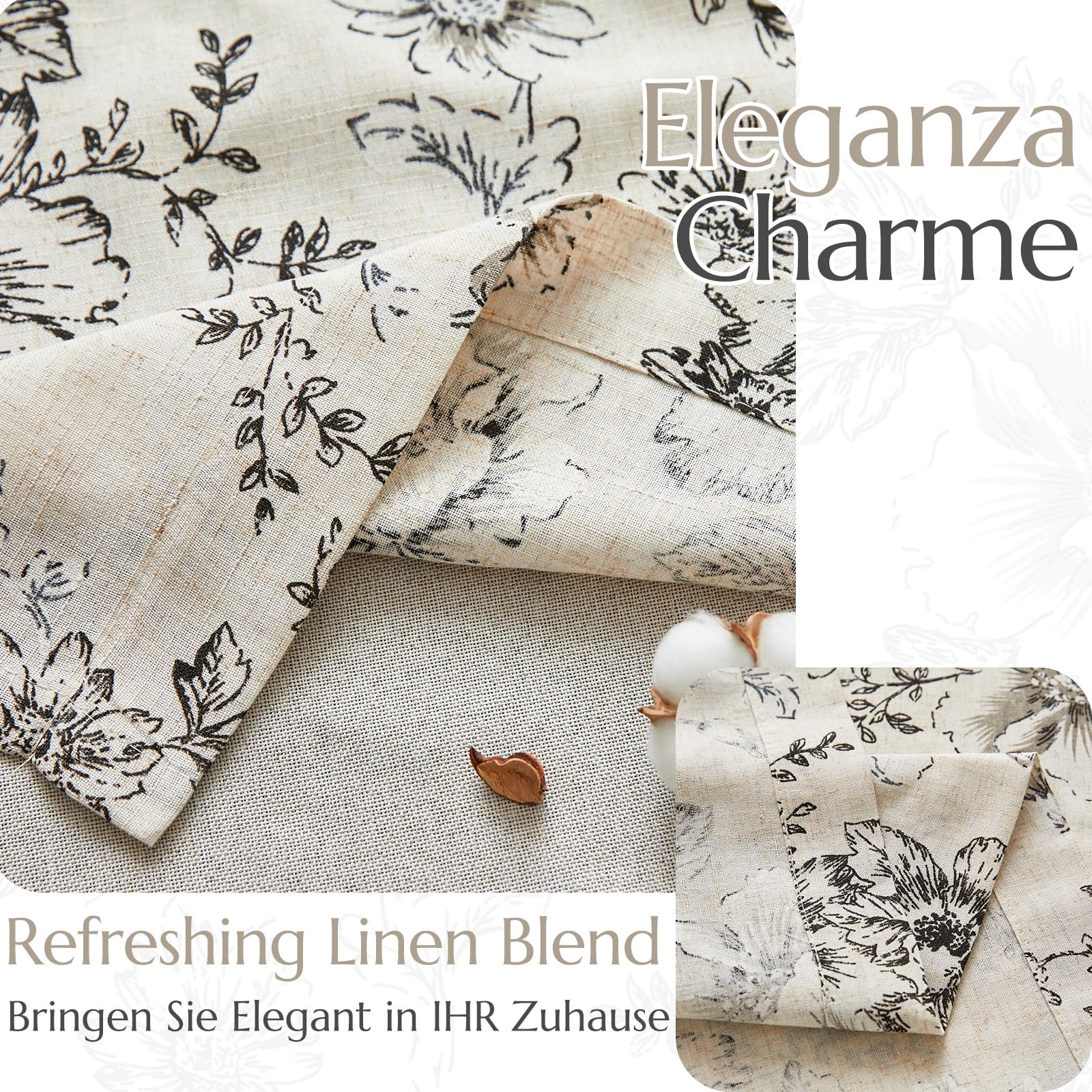 TOPICK Linnengordijnen, bloemmotieven met plooiband, lichtdoorlatend, boerderij, lange gordijnen, raamsjaal voor woonkamer, slaapkamer, raam, set van 2, 140 x 245 H (cm), blauw op beige