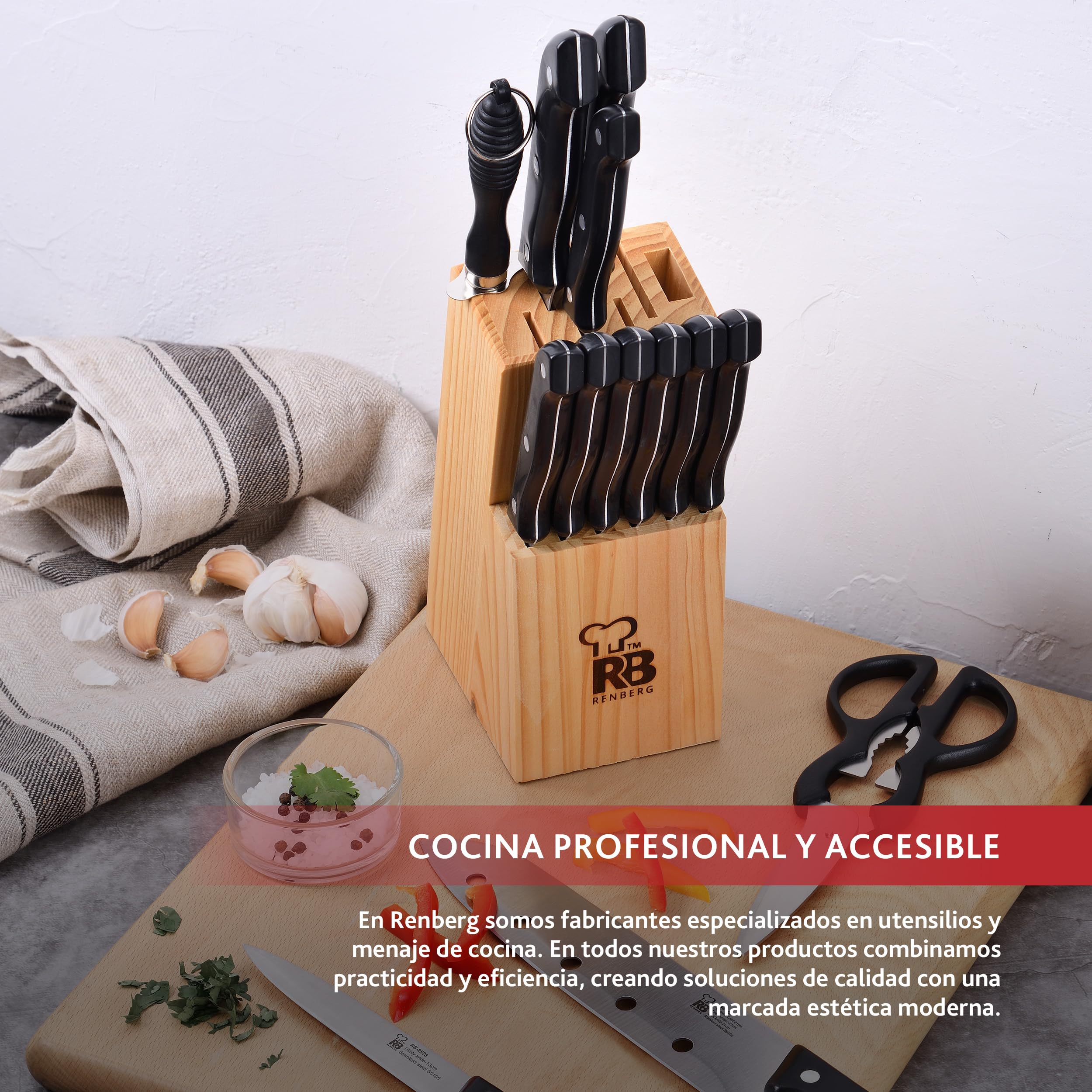 Renberg Tenessy Set Cuchillos de Cocina 15 Piezas Acero Inoxidable Tacoma Madera