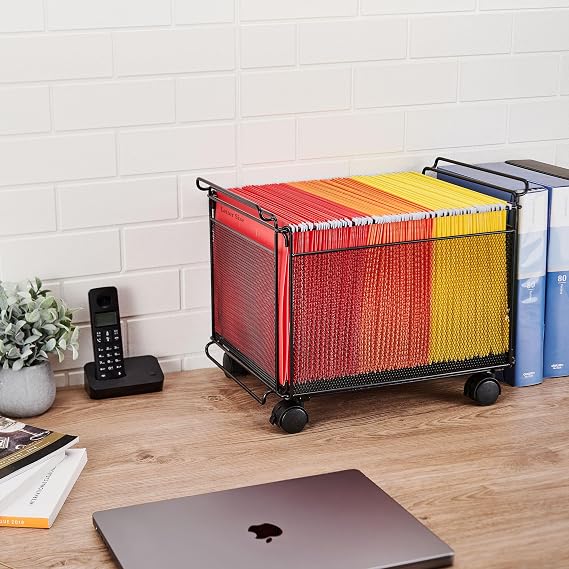 Artesa Presa Rolling Collapsible Stackable File Storage Organizer Basket, Set of 2, Black