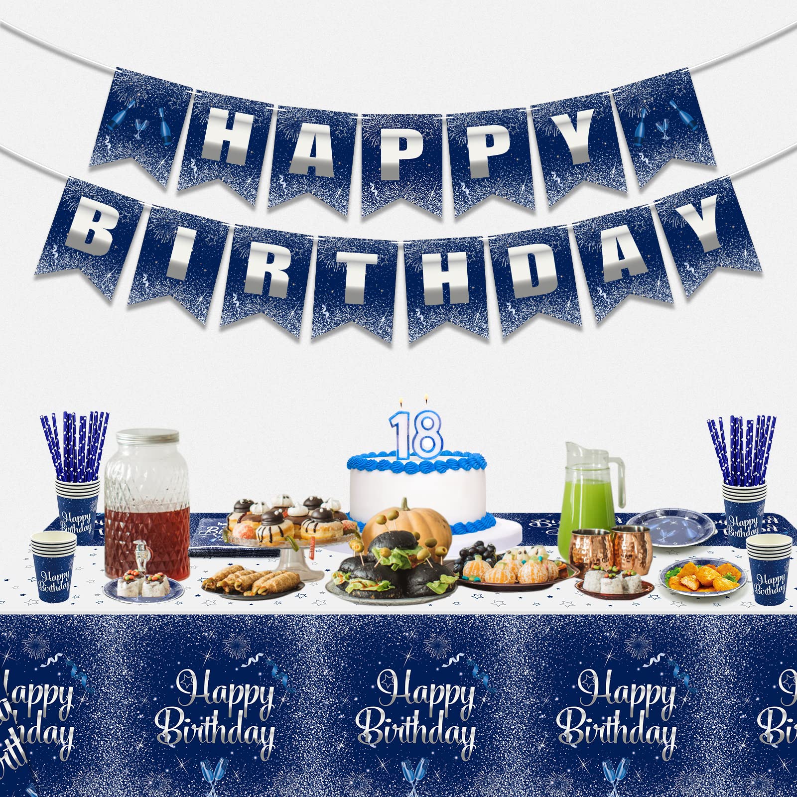 37P Verjaardagsservies Set voor 21, Marineblauw Zilver Papier Servies