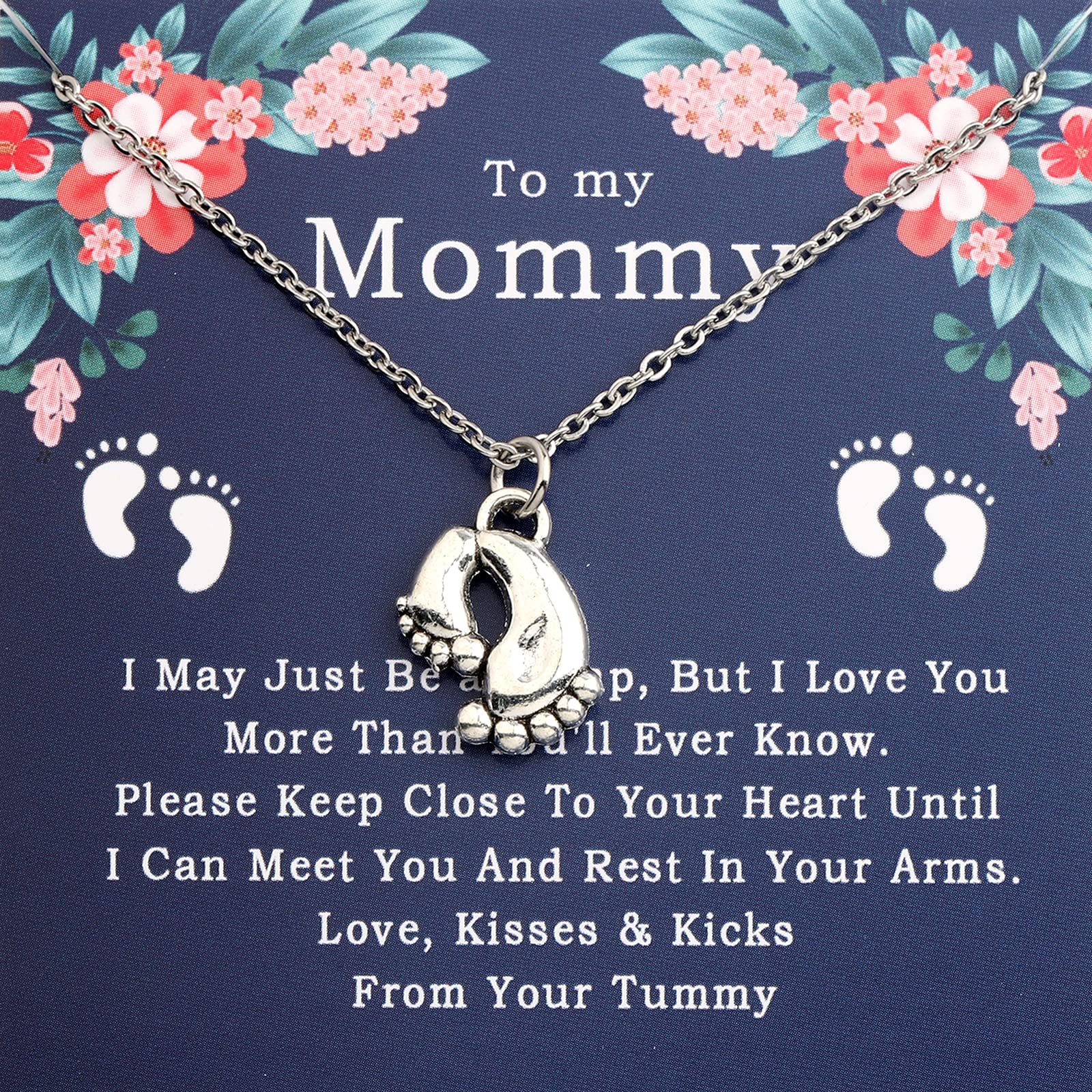 WSNANGFirst Time Mom Pregnancy Gift Necklace with Message Card Feet Footprints Pendant Necklace for Expecting Mom