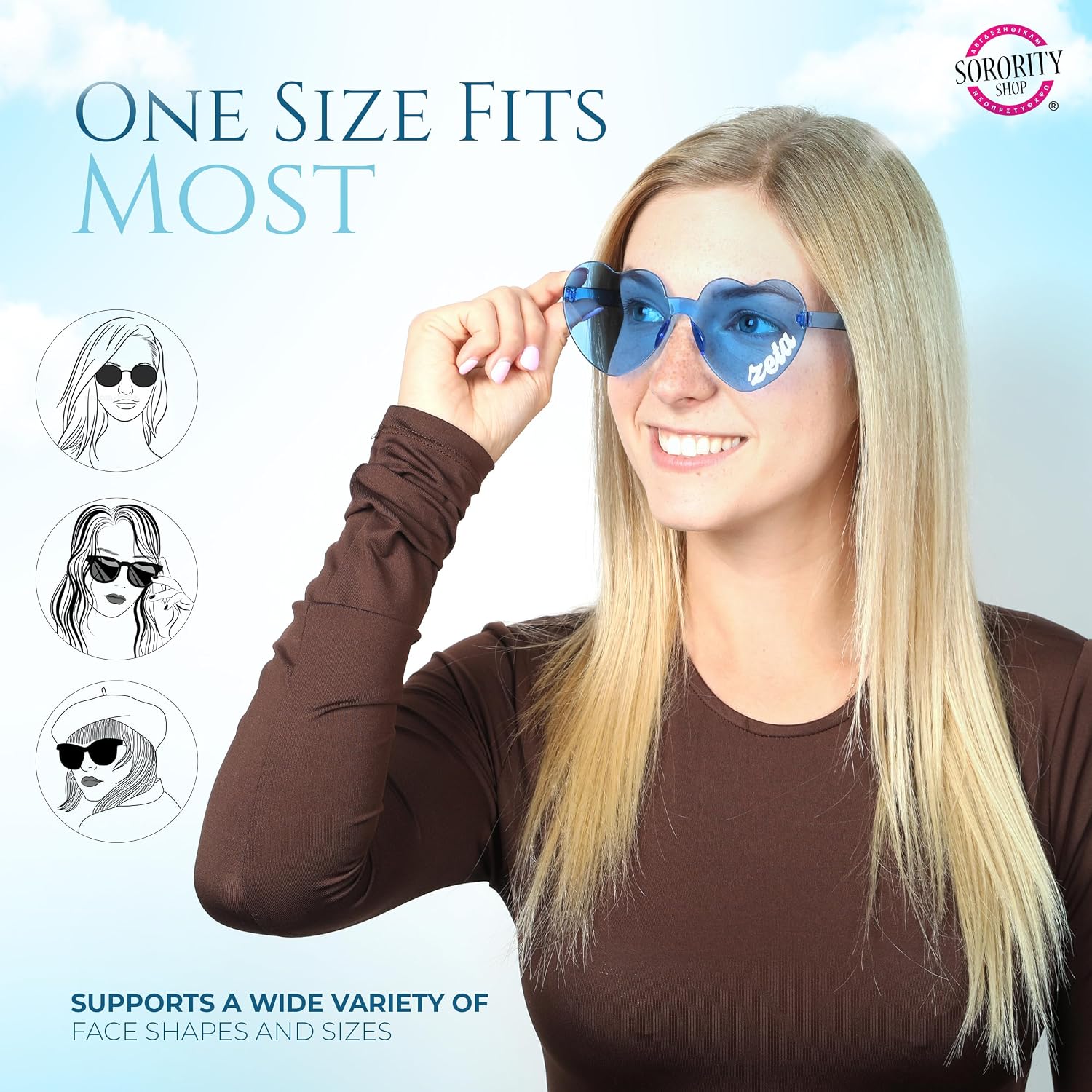 Sorority Shop Delta Phi Epsilon Sunglasses — Heart Shaped Sunglasses Printed with DPE Logo, Greek Sorority Sunglass for Big Little Sorority Gifts