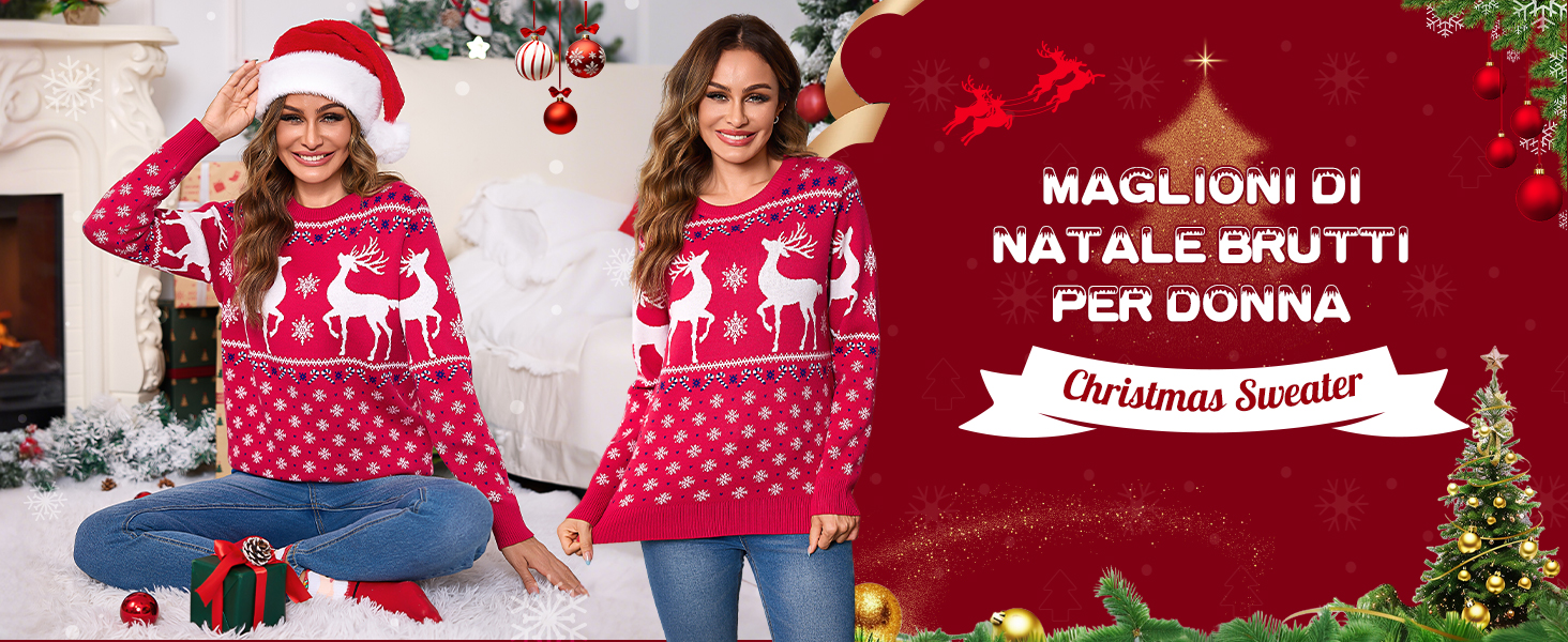Litherday Maglione Natalizio Donna Con Renne E Fiocchi Di Neve – Pullover Invernale Girocollo Caldo, Morbido E Divertente Per Le Feste