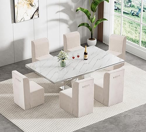 Miniatura 12 de Juego de mesa de comedor extensible marrón de 9 piezas para 8, 63-78.74 pulgadas, juego de mesa de comedor extensible de madera rectangular y sillas
