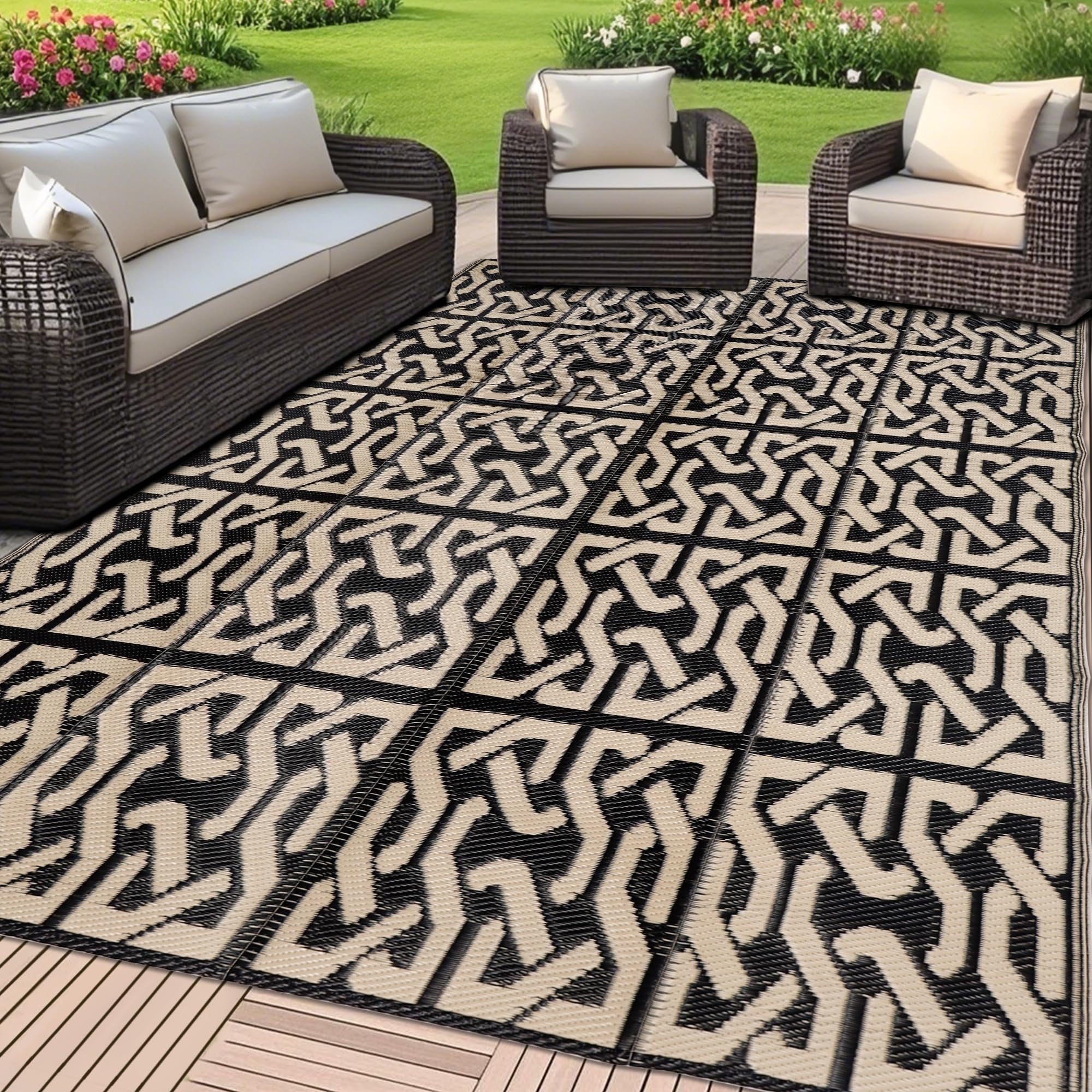 SAND MINE Reversible Mats, Plastic Straw Rug, Modern Area Rug, Large Floor Mat and Rug for Outdoors, RV, Patio, Backyard, Deck, Picnic, Beach, Camping, Trailer, Black & Beige, 5' x 8'