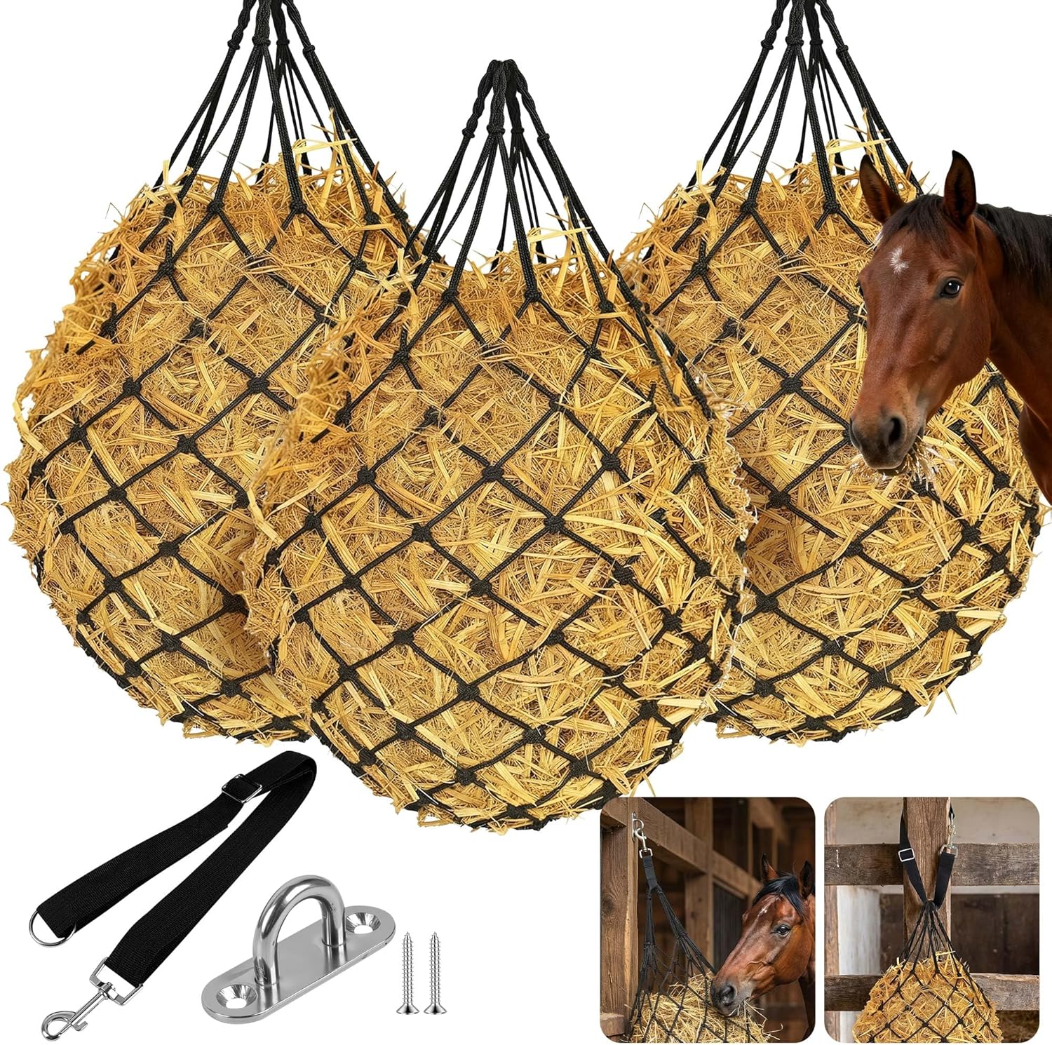 3 Pcs 47" Large Heavy Duty Hay Nets for Horses,Slow Feed Hay Bags for Horses – Hanging Hay Net Feeder with Straps & Hooks for Stall, Fence, Trailer, Goats & Sheep