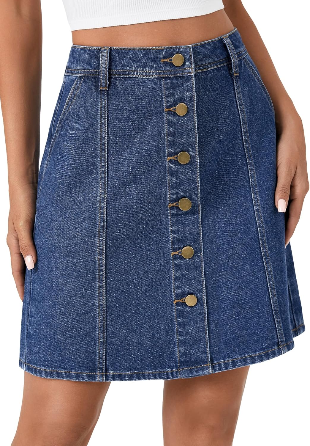 Rooscier Women's Button Down High Waisted A Line Jean Mini Denim Skirt with Pockets Blue Small - Image 4