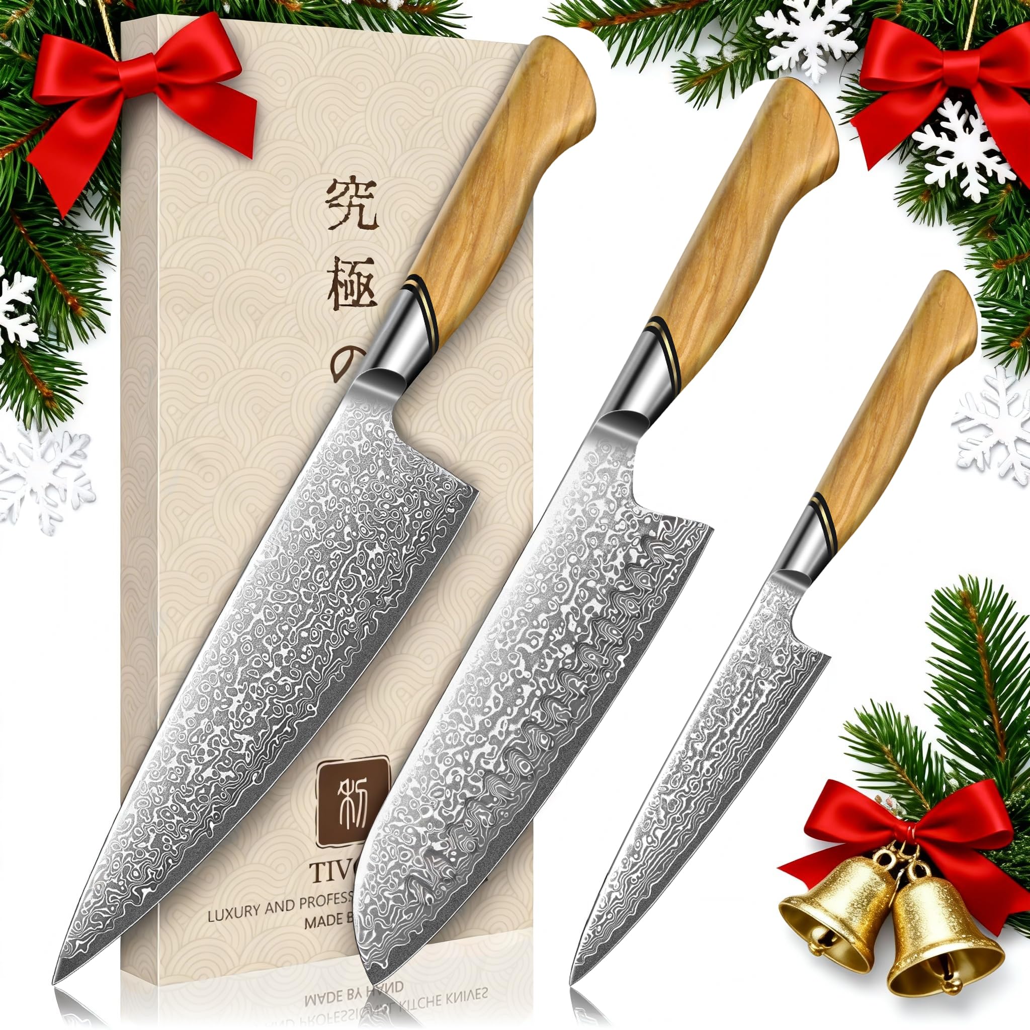 TIVOLI Damascus Kitchen Knife Set 3 PCS Japanese Chef Knife Set VG-10 Damascus Santoku Paring Knife with Olive