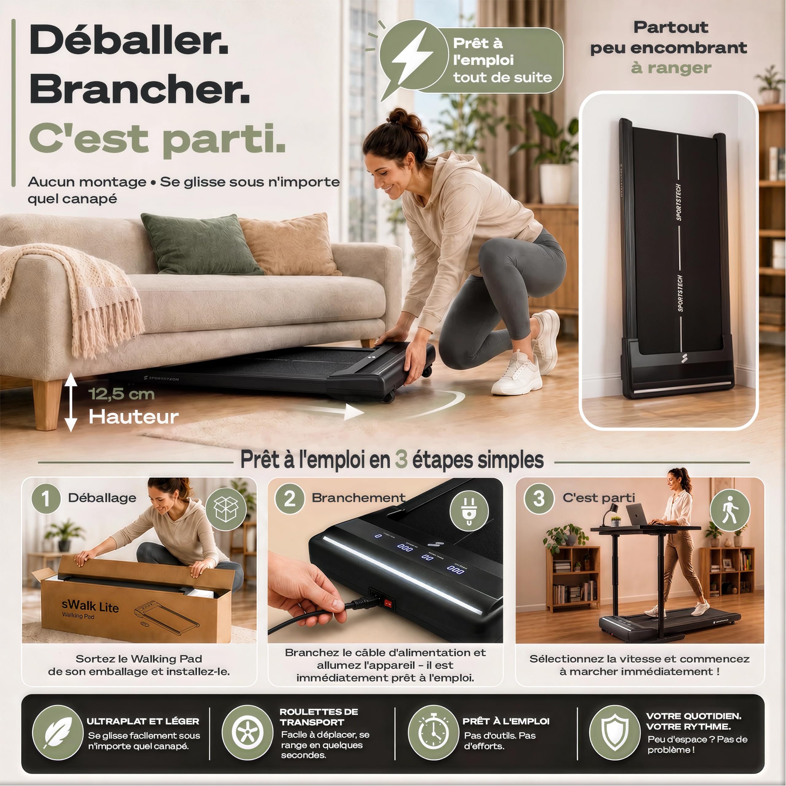 Swalk Lite Walk Pad avec LED Interactive - jusqu'à 6 km/h - idéal pour Le Bureau à Domicile - avec 1 an d'App STL Incluse - Marque de qualité Allemande - Peu encombrant - Poids jusqu'à 120 kg