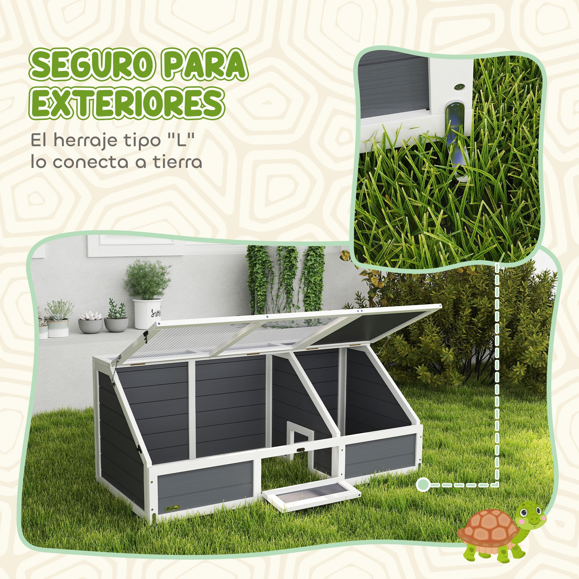 PawHut Casa para Tortugas de Madera, Terrario para Reptiles sin Base con Tapas Abatibles, Puerta Frontal Abrible y Pestillos de Seguridad, Caseta para Tortugas, 120x55x50 cm, Gris Claro