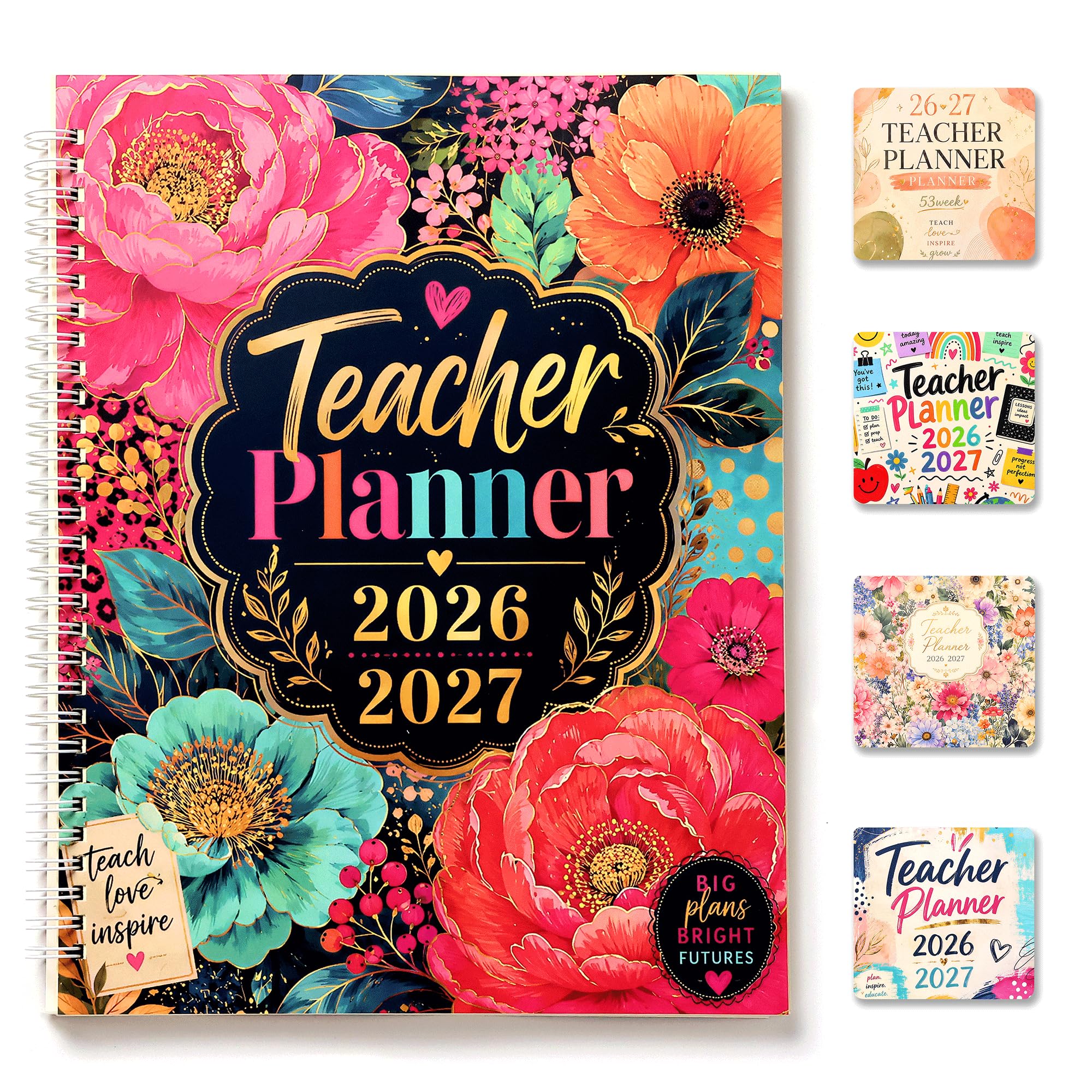 Teacher Planner 2026-2027 Academic Year, 11" x 8.5" Spiral Bound Lesson Plan Book with 9 Periods Jul 2026 - Jun 2027, Weekly &amp; Monthly Organizer with 168 Pages, Floral Peony Pattern
