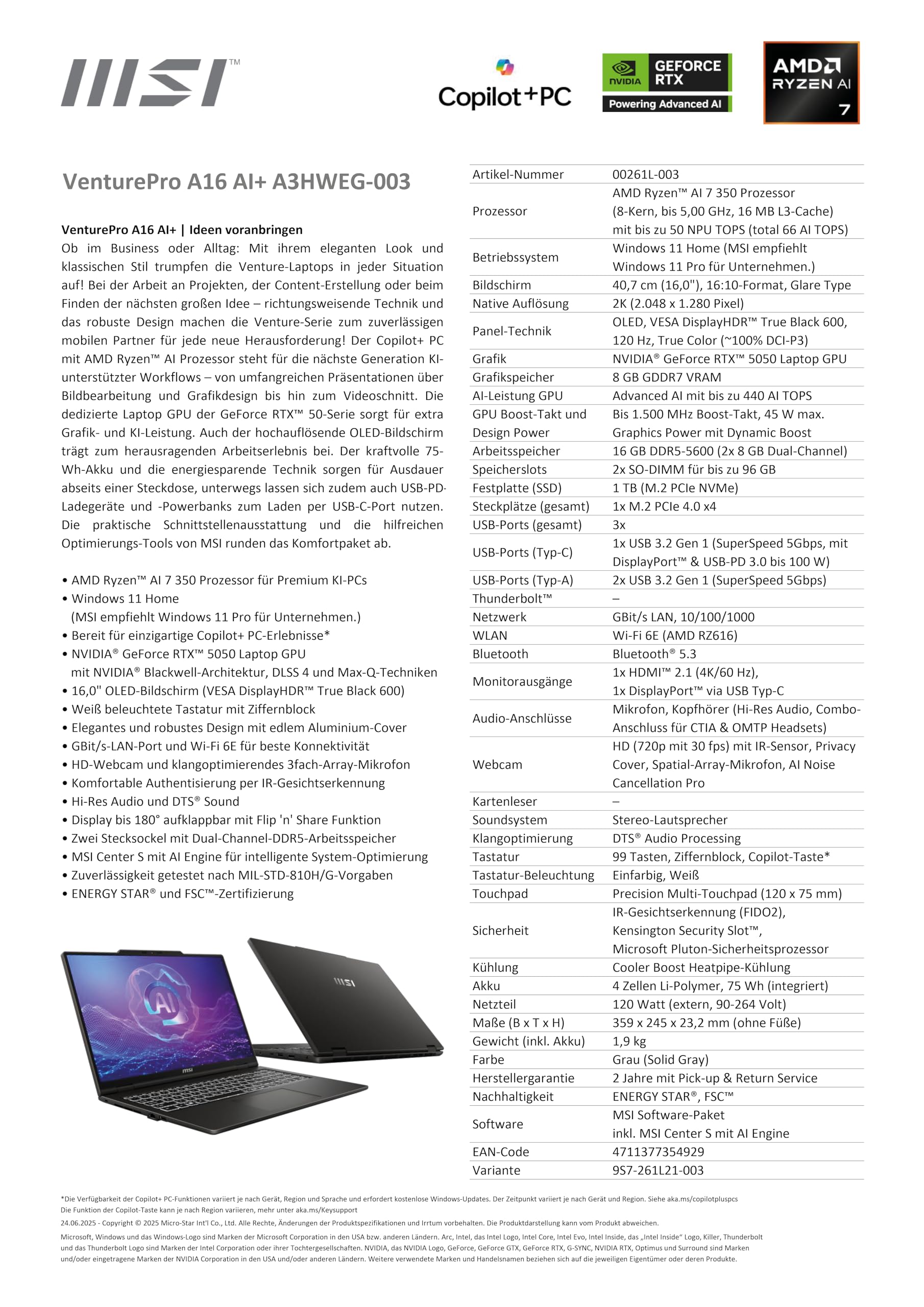 MSI VenturePro A17 AI+, ordenador portátil empresarial, procesador AMD Ryzen™ AI 7 350, pantalla Full HD de 17,3", gráficos NVIDIA® GeForce RTX™ 5060, 16 GB de RAM, SSD de 512 GB, Windows 11 Home