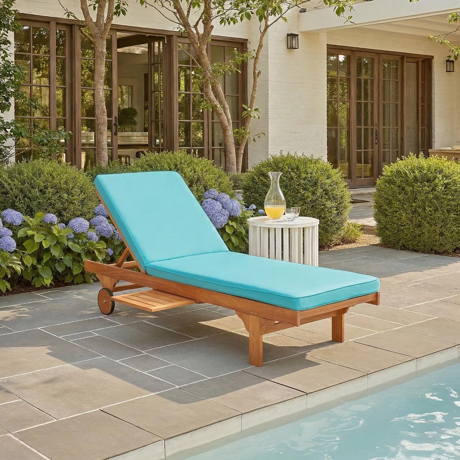 SAFAVIEH Outdoor Collection Newport Natural/ Aqua Cushion Built-in Side Table Adjustable Chaise Lounge Chair