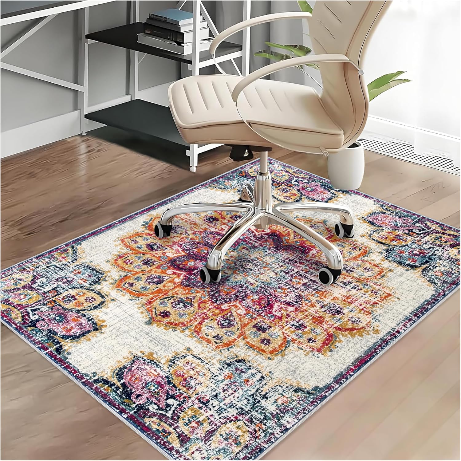 Office Chair Mat for Hardwood Tile Floor, Under Desk Carpet Protector for Rolling Computer Chair Mats, Machine Washable Rug, Anti-Slip Thick Low Pile Floor Mat. (Flowers, 2.9ftx3.9ft)