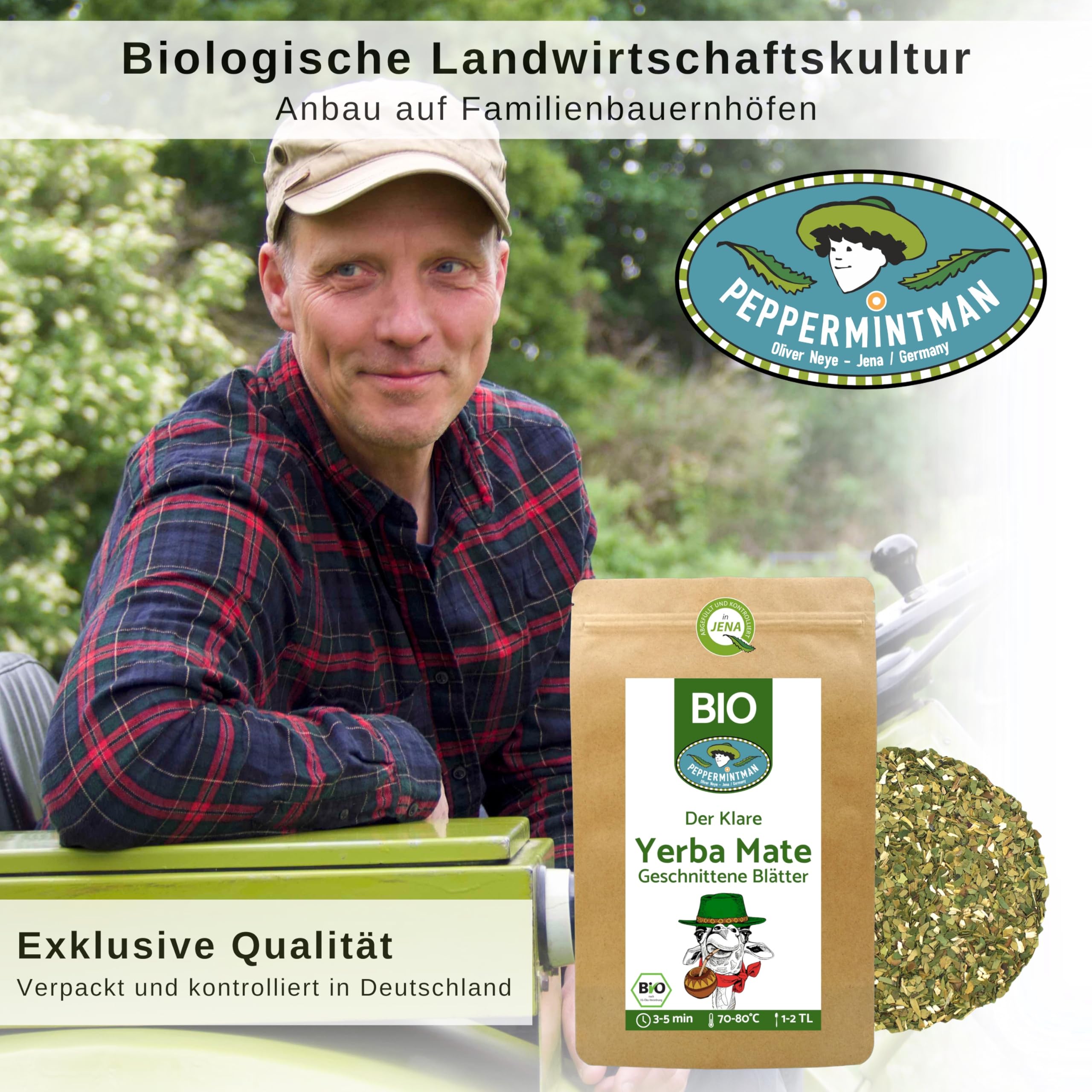 Herbata Bio Mate, zielona 3 x 1000 g - Organic Green Yerba Mate Medium Cut - Jasna - z brazylijskiego przedsiębiorstwa rodzinnego - PeppermintMan