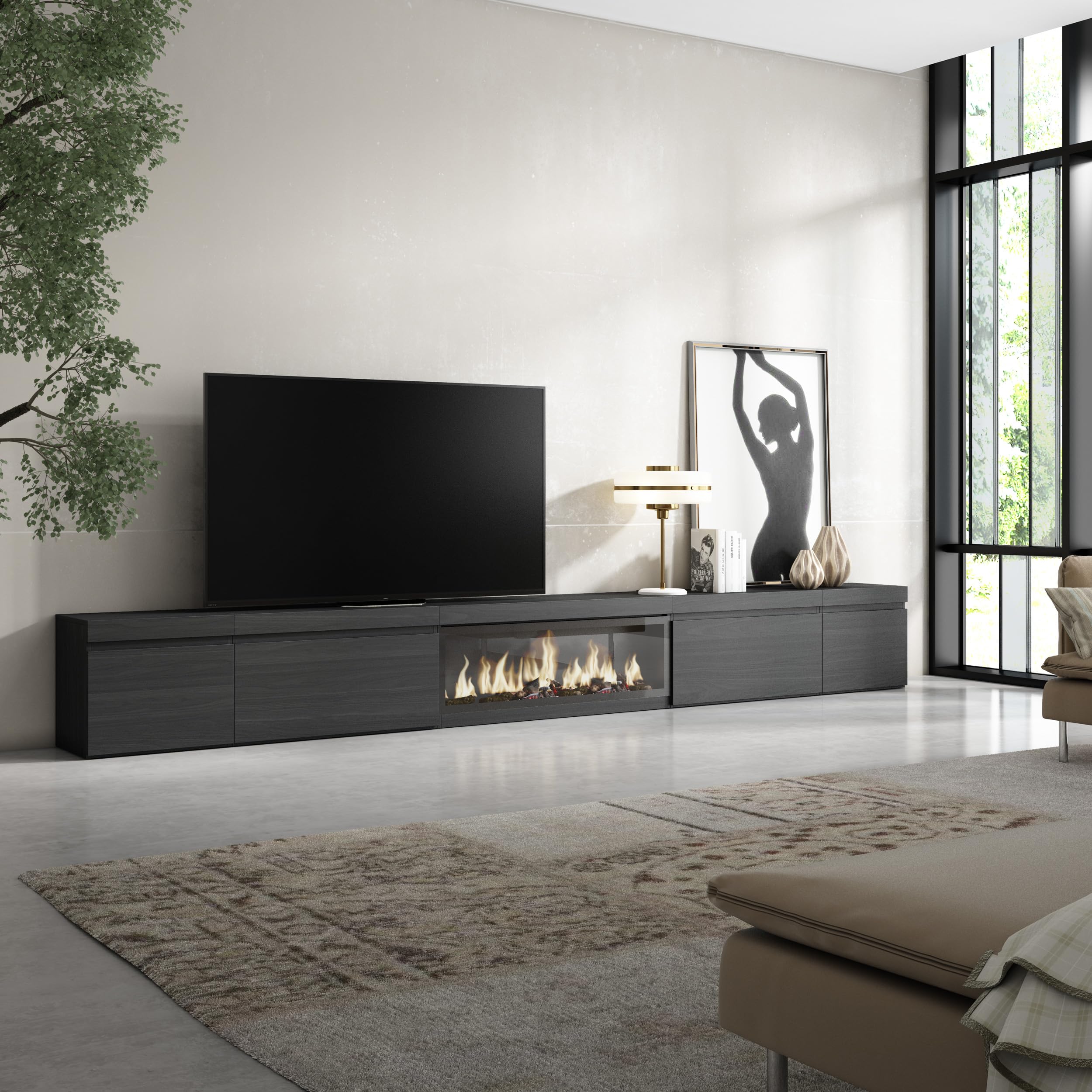 Skraut Home | Mobile TV Soggiorno | Ampio spazio a disposizione | 368x45x35 | Camino elettrico XXL | Stile moderno | Nero