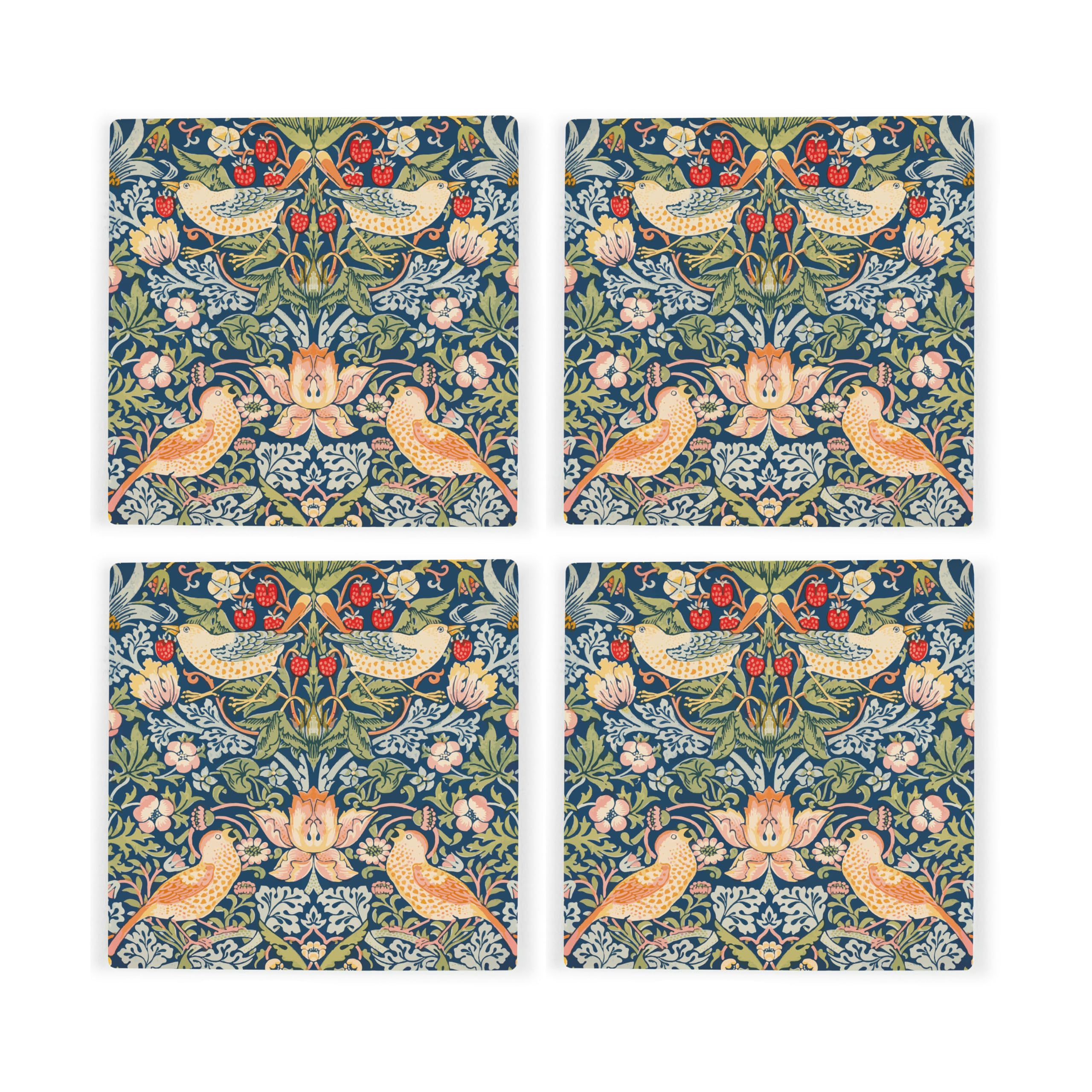 Purely Home Blue Strawberry Thief Ceramic Coaster Set - William Morris Artwork Gifts - Square Set Of Four (4) Coasters