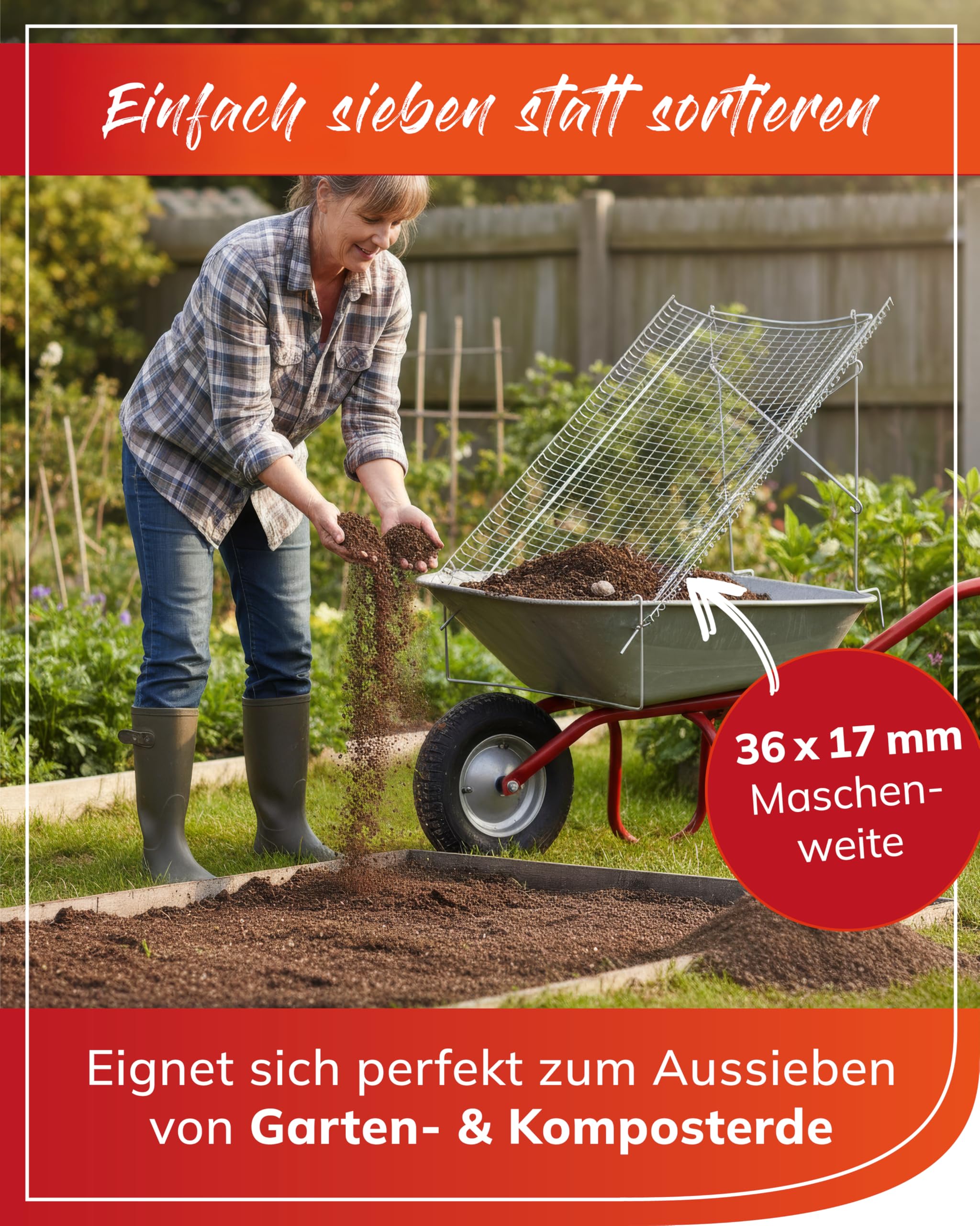 bellissa - Durchwurfsieb aus Stahl (Größe 100x60cm) – Garten & Kompostsieb für Erde, Sand, Boden, Kies & Schotter aus stabilem Metall – filtert Unkraut und Steine heraus – Ständer verstellba