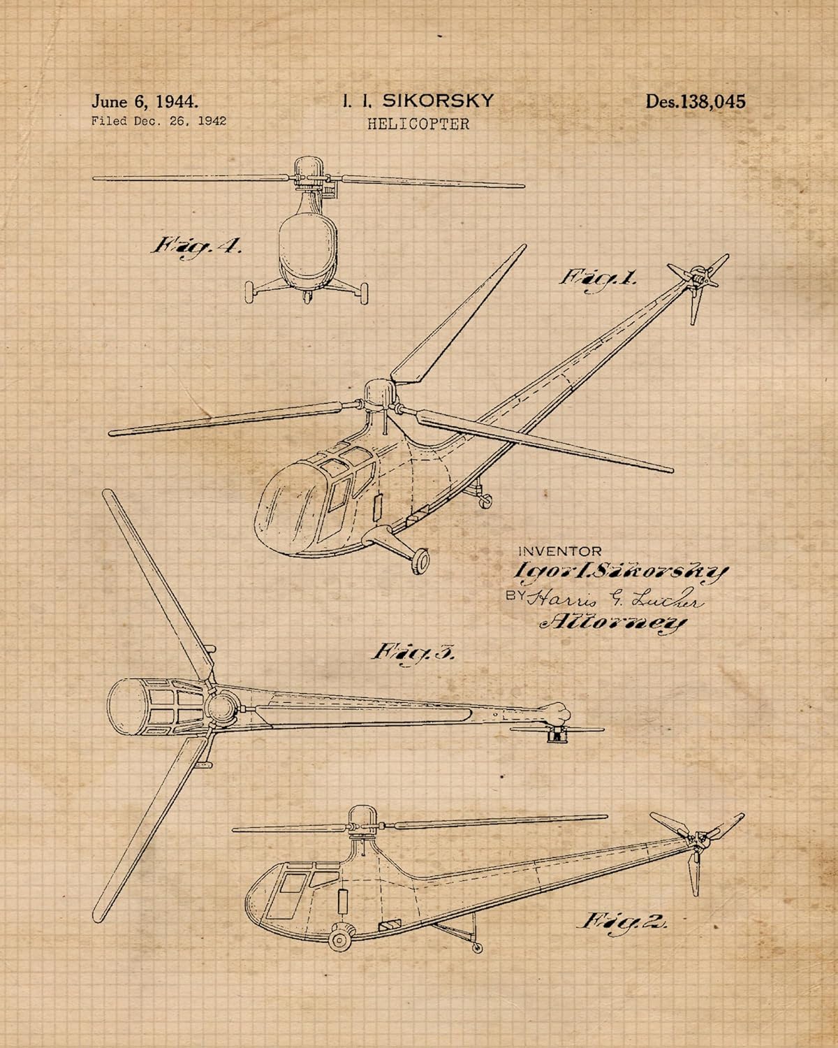 Vintage Sikorsky Helicopters Patent Prints, 6 (8x10) Unframed Photos, Wall Art Decor for Home Work Office Flight Aviation Gears Garage Tools Shop Science School College Student Teacher Coach Pilot
