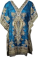 Mogul Interior Womens Caftan Dress, Loose Beach Dress, Blue Printed Dresses, Cruise Caftan Dresses 3XL