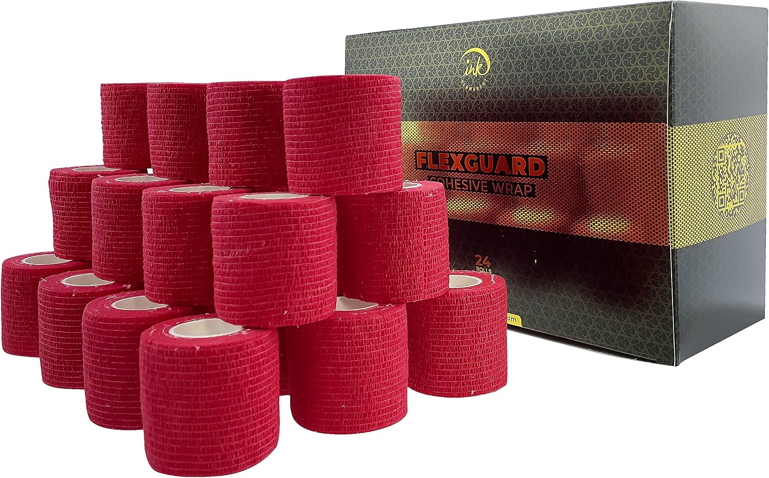 (24-Pack) 2” x 15 FT Disposable Cohesive Bandage Tattoo Grip Tape Wrap Elastic Self Adherent – Breathable Wrap for Pets, Athletic Bandage for Sports, Injuries: Ankle, Knee & Wrist & PMU (Military)