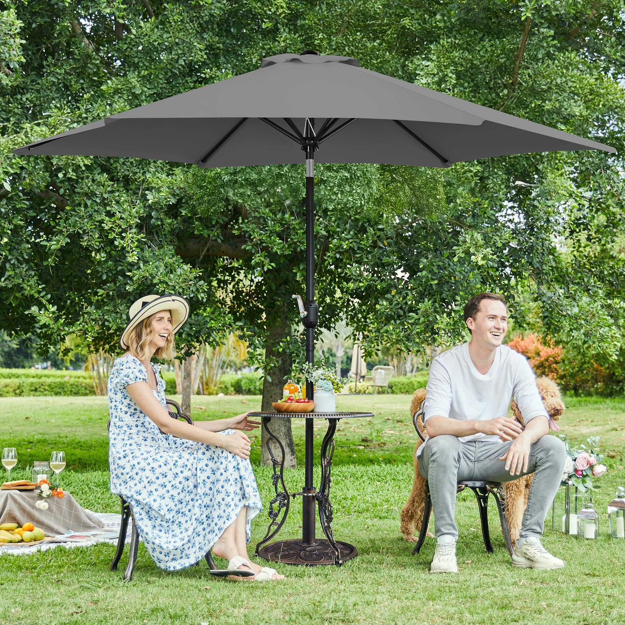 Yaheetech Sombrilla de Jardín con Manivela Inclinable Ø270x241cm Protección UV Columna de Hierro 6 Varillas de Metal para Terraza Exterior Balcón sin Soporte Gris