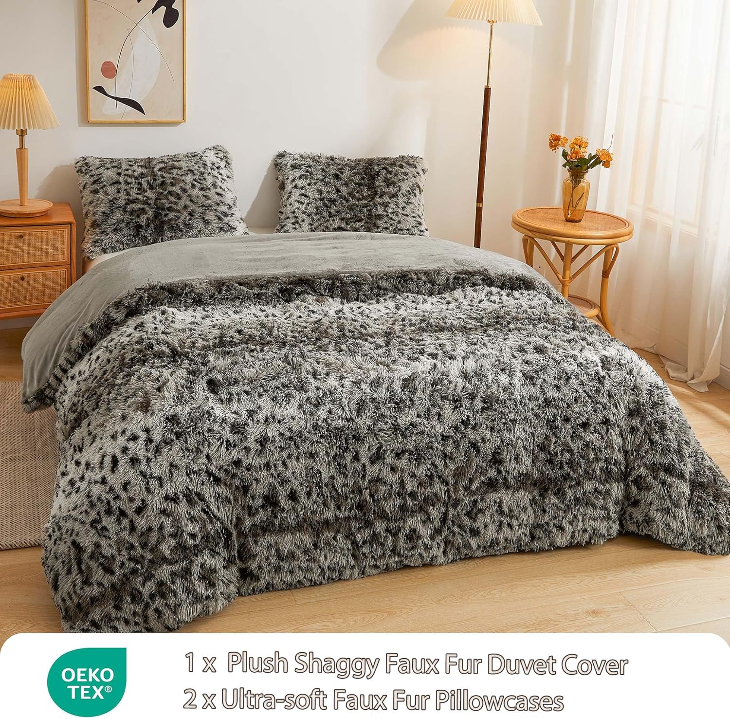 LIFEREVO Cheetah Print Faux Fur Duvet Cover Fluffy Bedding Set, 3 Pieces Soft Plush Fuzzy Comforter Cover Set(1 Shaggy Comforter Cover+2 Furry Pillowcases), Zipper Closure(King, Leopard Print Grey)