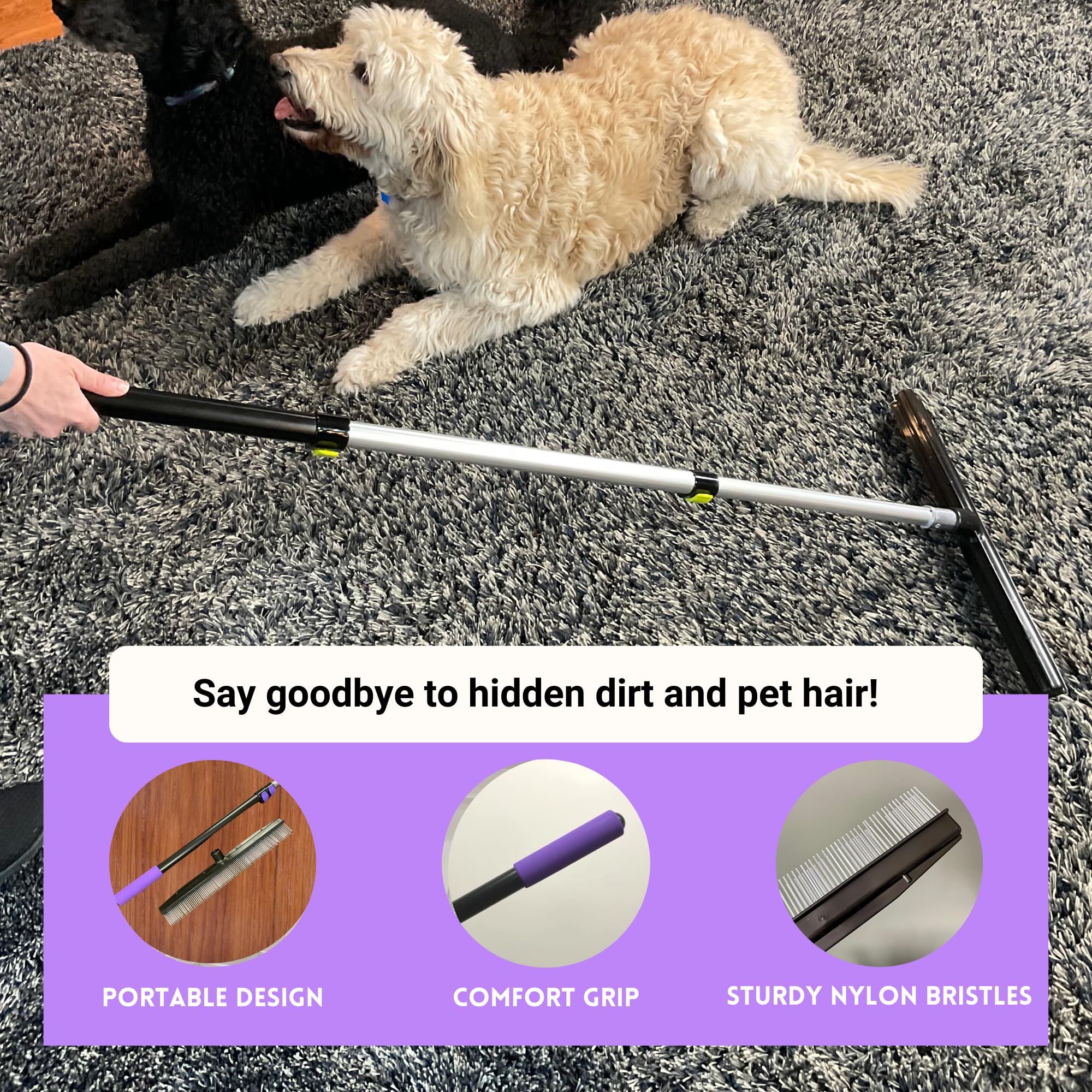 Room Groom - Rastrillo de Alfombra Pet con Mango telescópico Ajustable de 54 Pulgadas, con Herramienta de Cepillo removedor de Pelusas, Cepillo de Alfombra para Pelo de Mascotas y alfombras