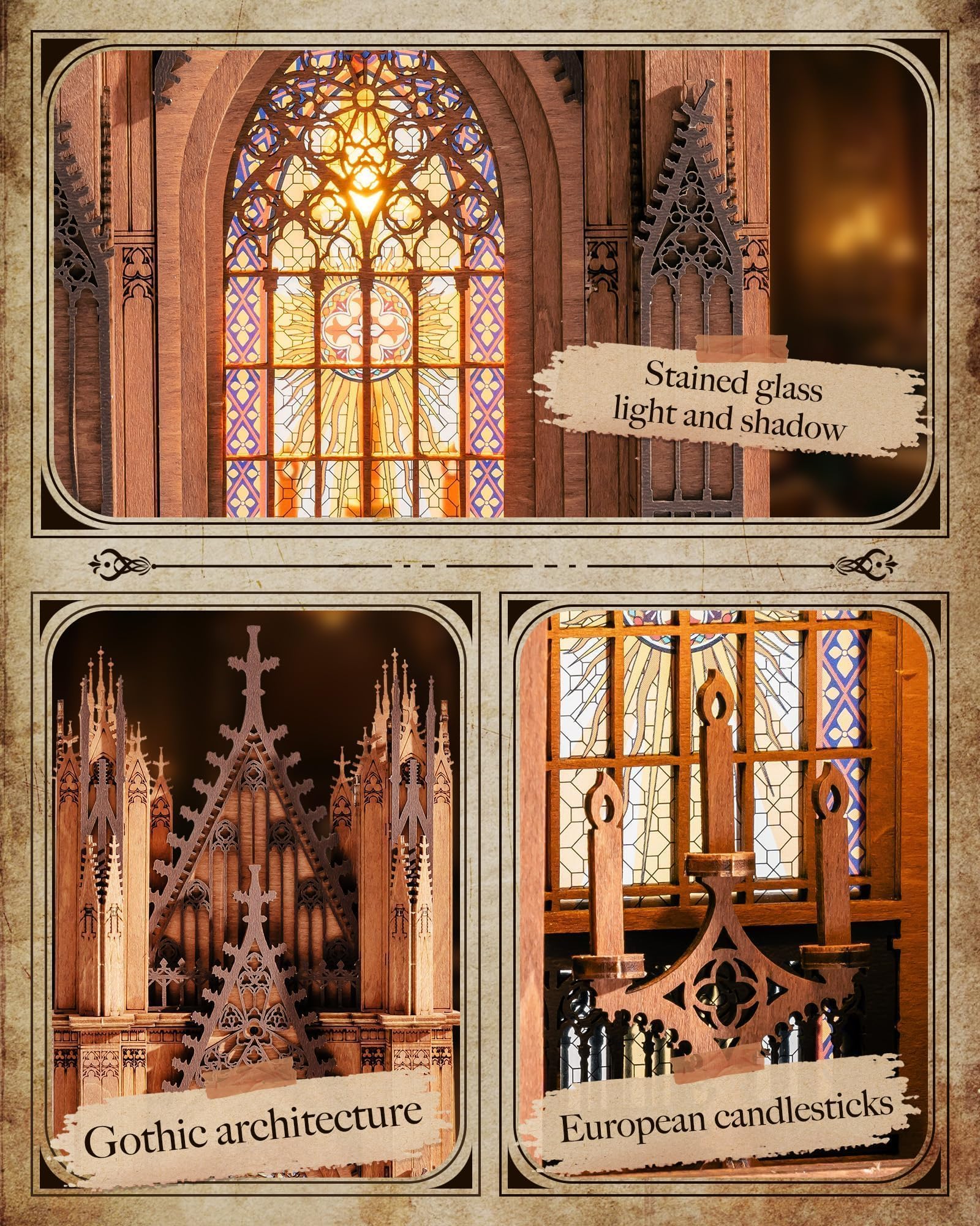 Rolife 3D Wooden Puzzle - Gothic Twin-Tower Cathedral Architecture Model with LED Lights, DIY Craft Building Kit for Adults, Unique Home Decor & Birthday for Hobbyists - 4