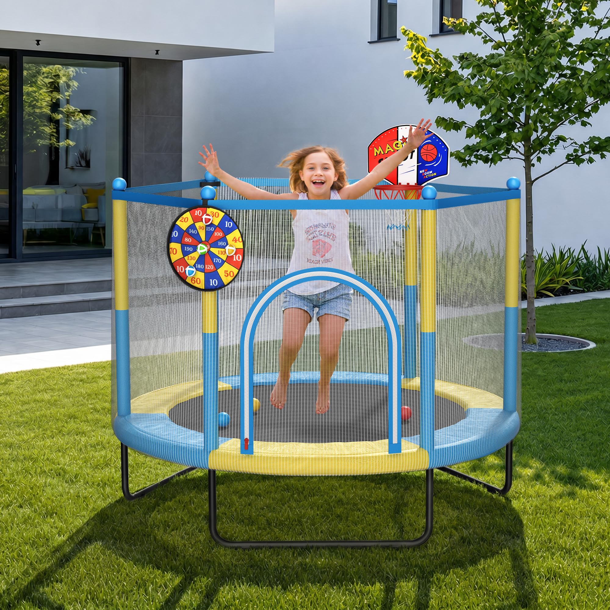 ROPODA Trampolino per bambini per interni ed esterni con rete di sicurezza, cestino da basket e robusto tappeto per saltare