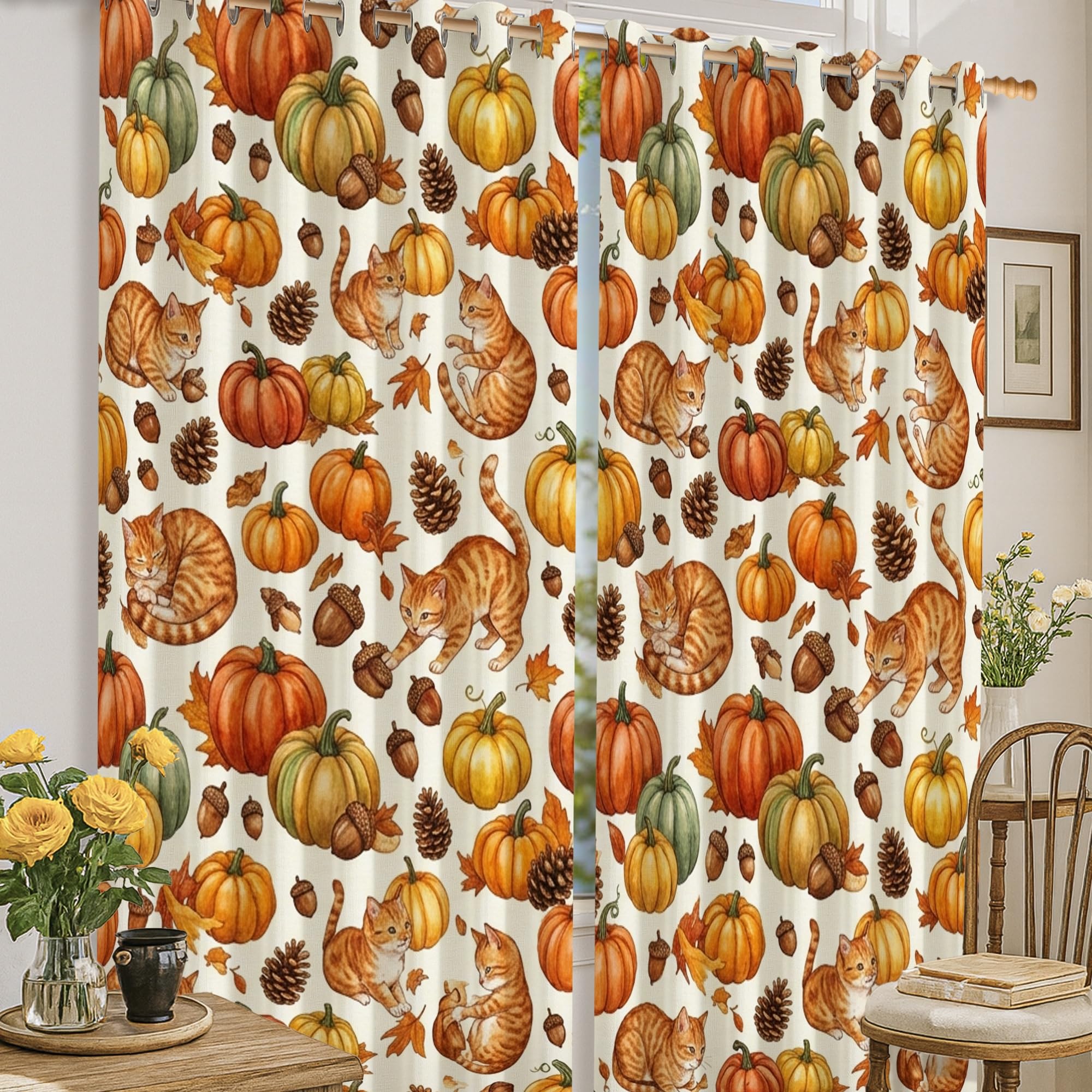 Rideaux occultants citrouilles pour créer une ambiance d'automne chaleureuse au salon